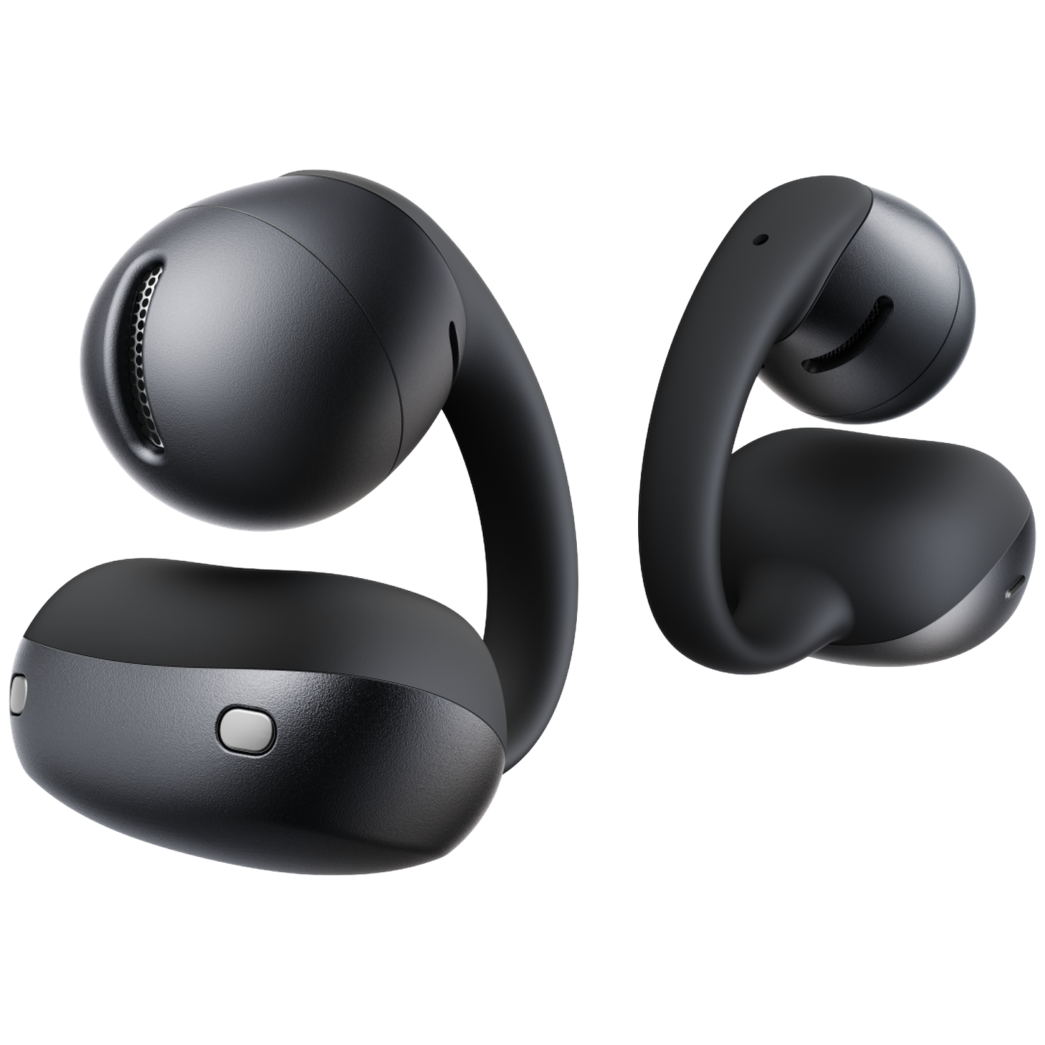 Zwei schwarze kabellose Ohrhörer mit ergonomischem Design und Ladekontrollleuchten.