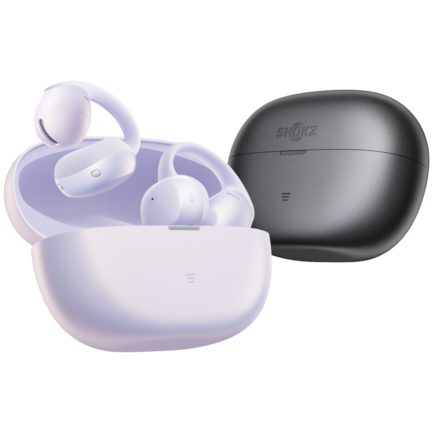 Weiße und dunkle Kopfhörer mit Ladeetuis auf schwarzem Hintergrund.