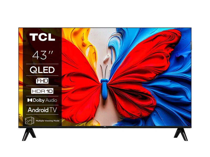 Egy 43 hüvelykes TCL QLED TV, amelyen egy pillangókép látható.