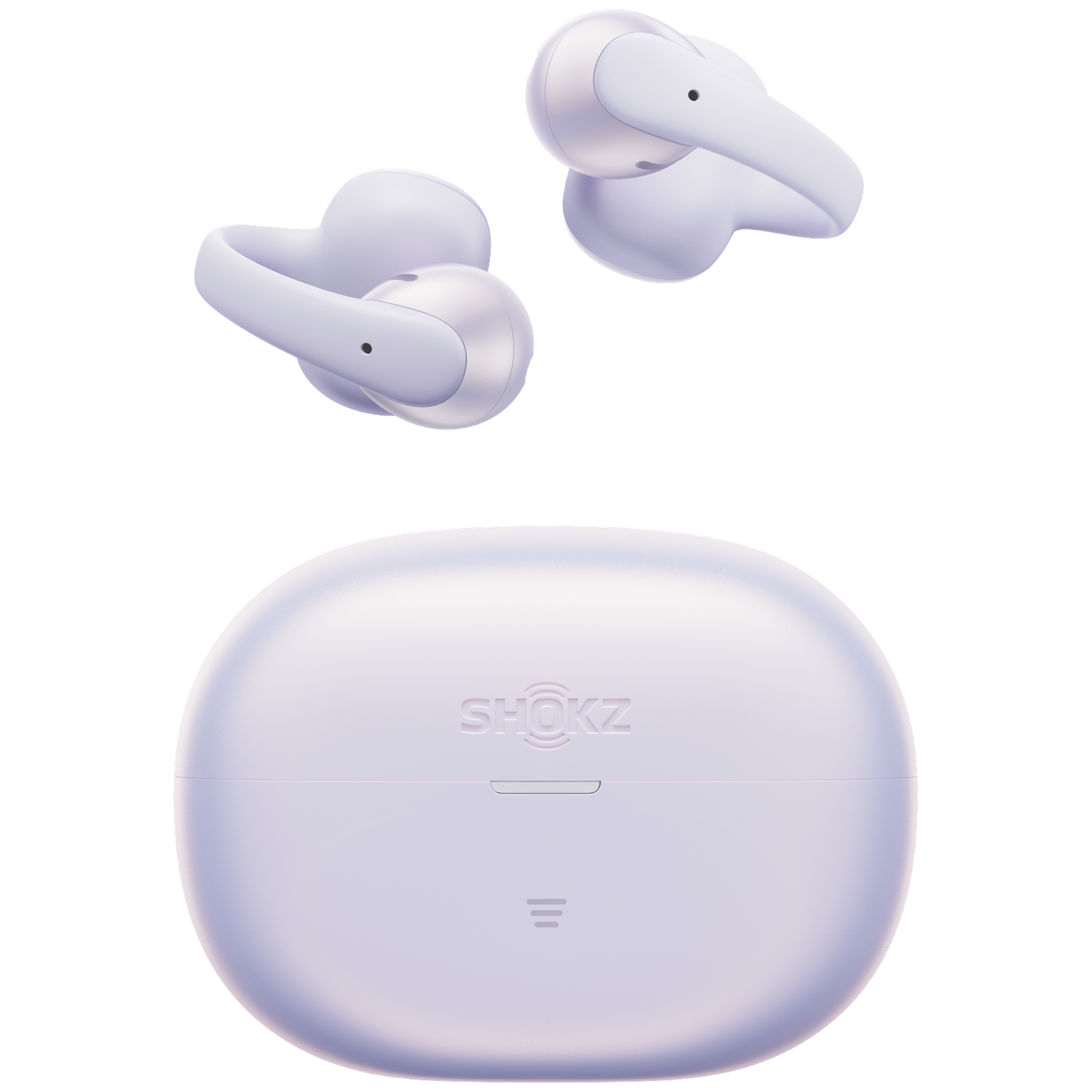 Two white earbuds float above a closed white charging case with the SHOKZ logo.