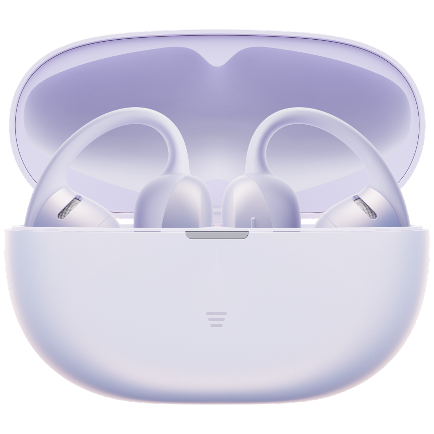 A pair of purple wireless earbuds resting inside their open charging case.