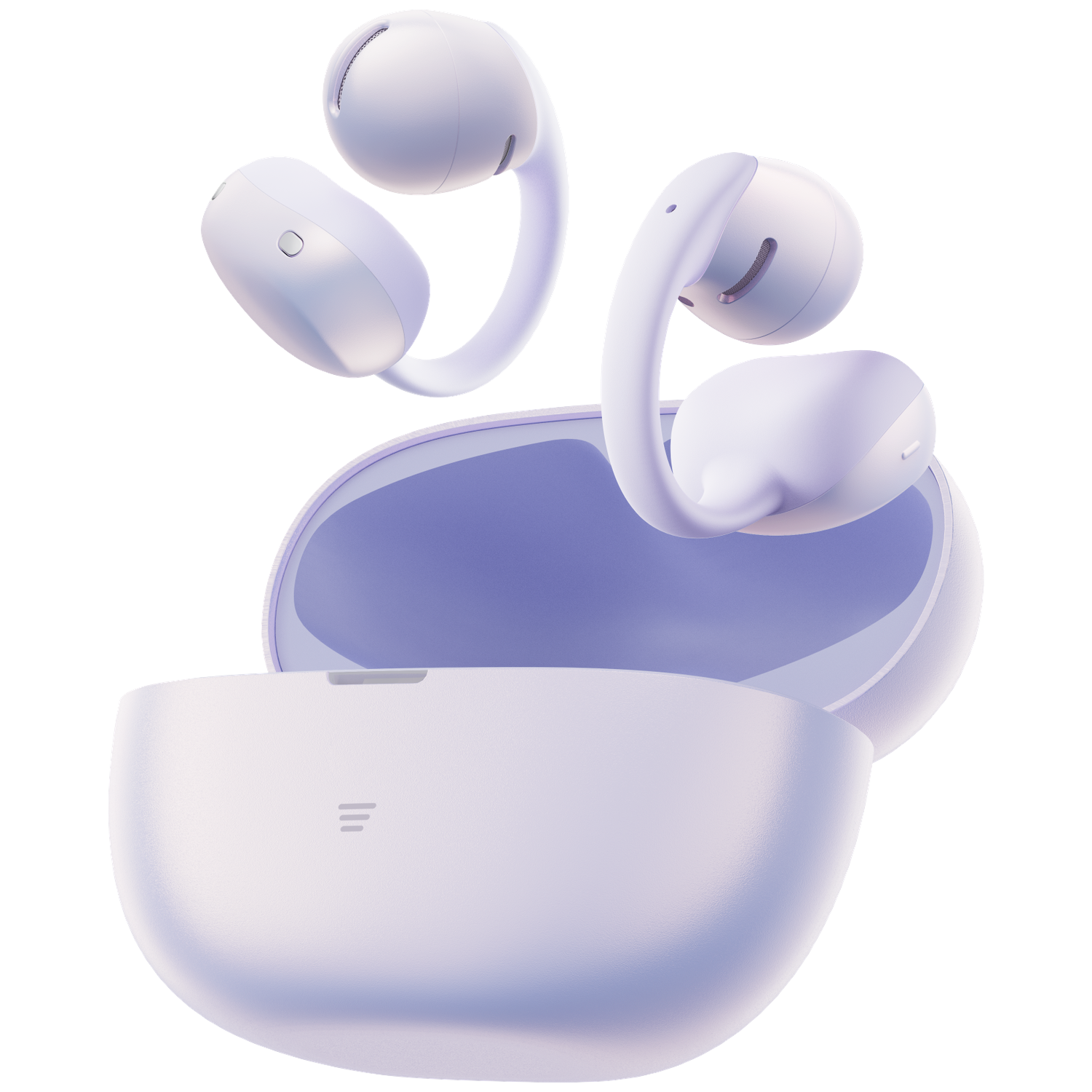 Two white wireless earbuds with a purple charging case, outlined in black.
