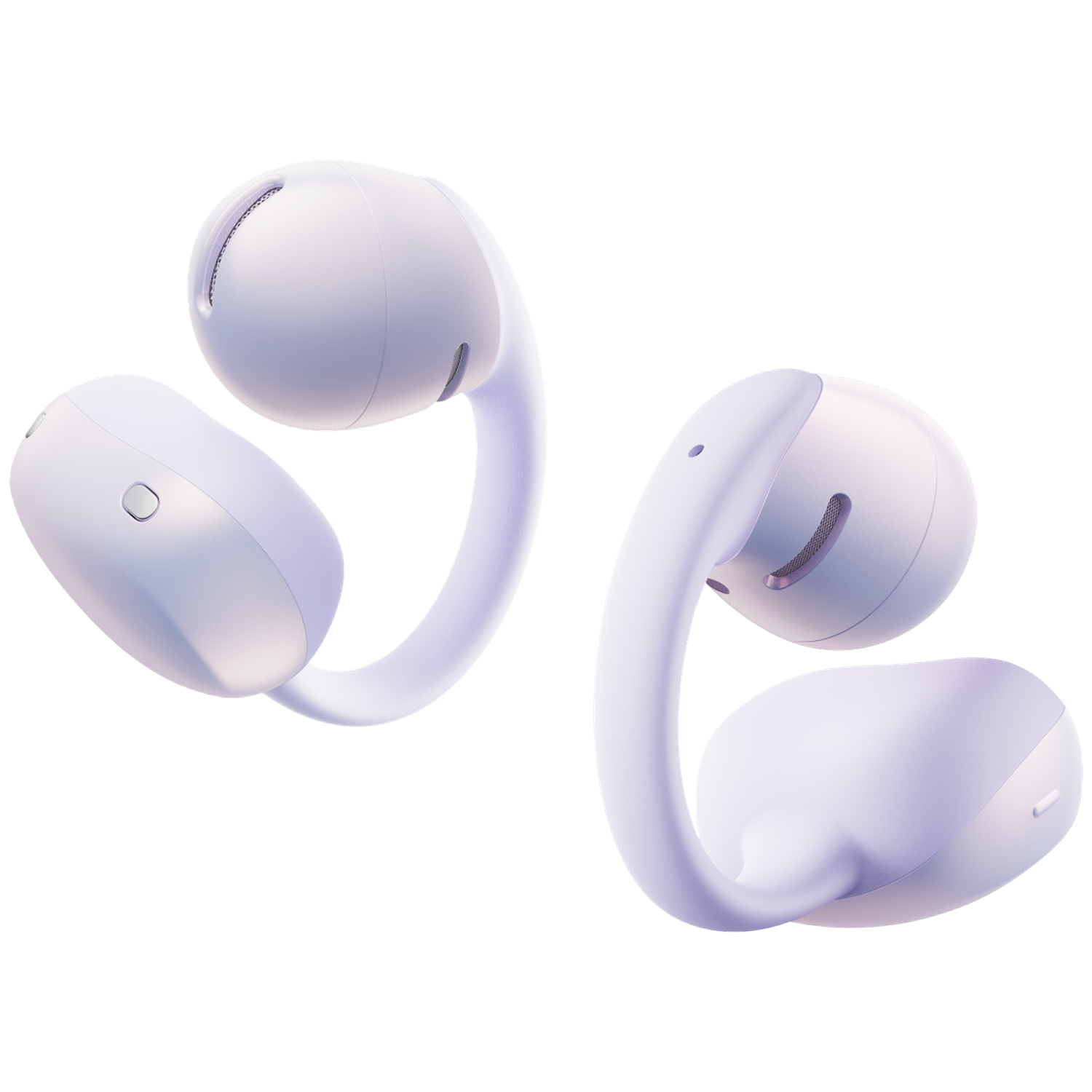 Two lavender wireless earbuds with ear hooks, shown against a white background.