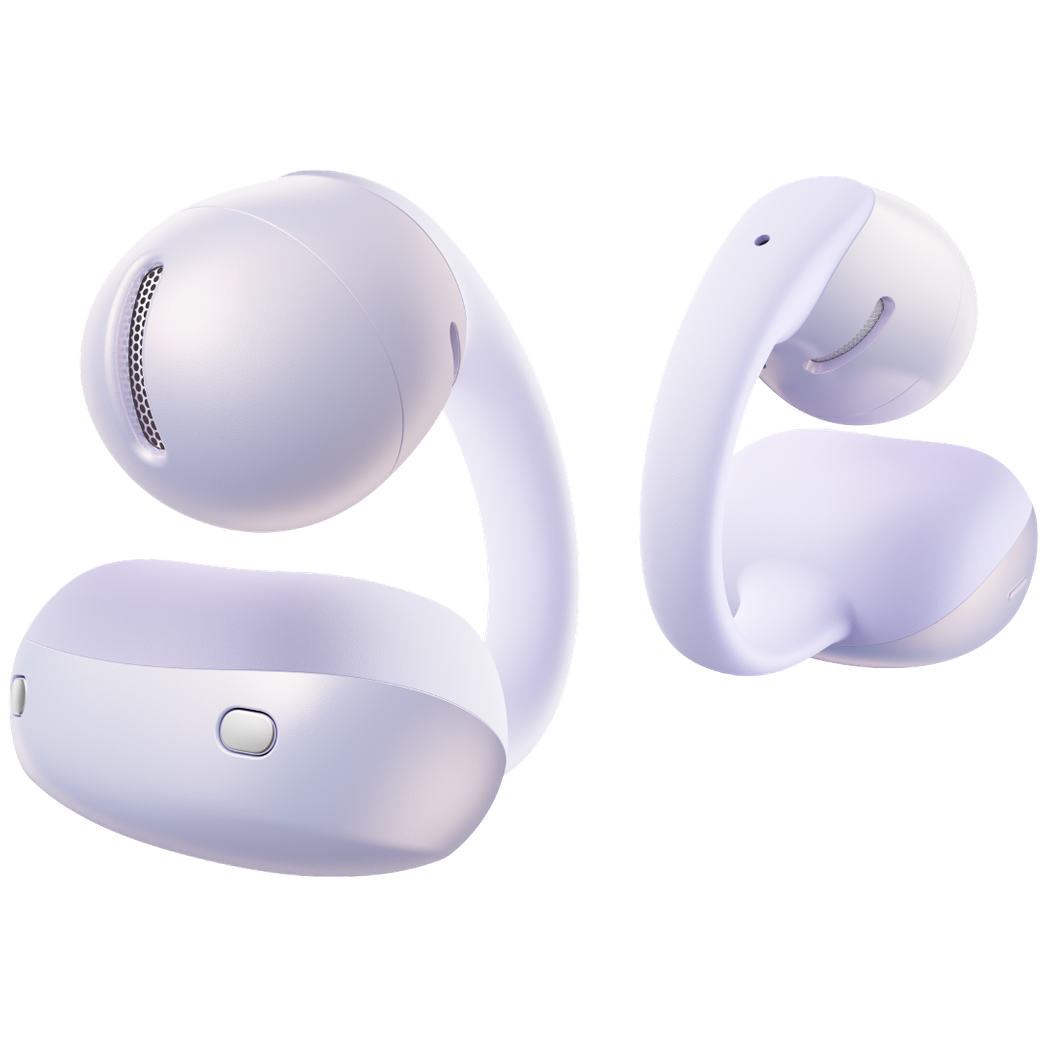 Two lilac earbuds with ear hooks on a black background.