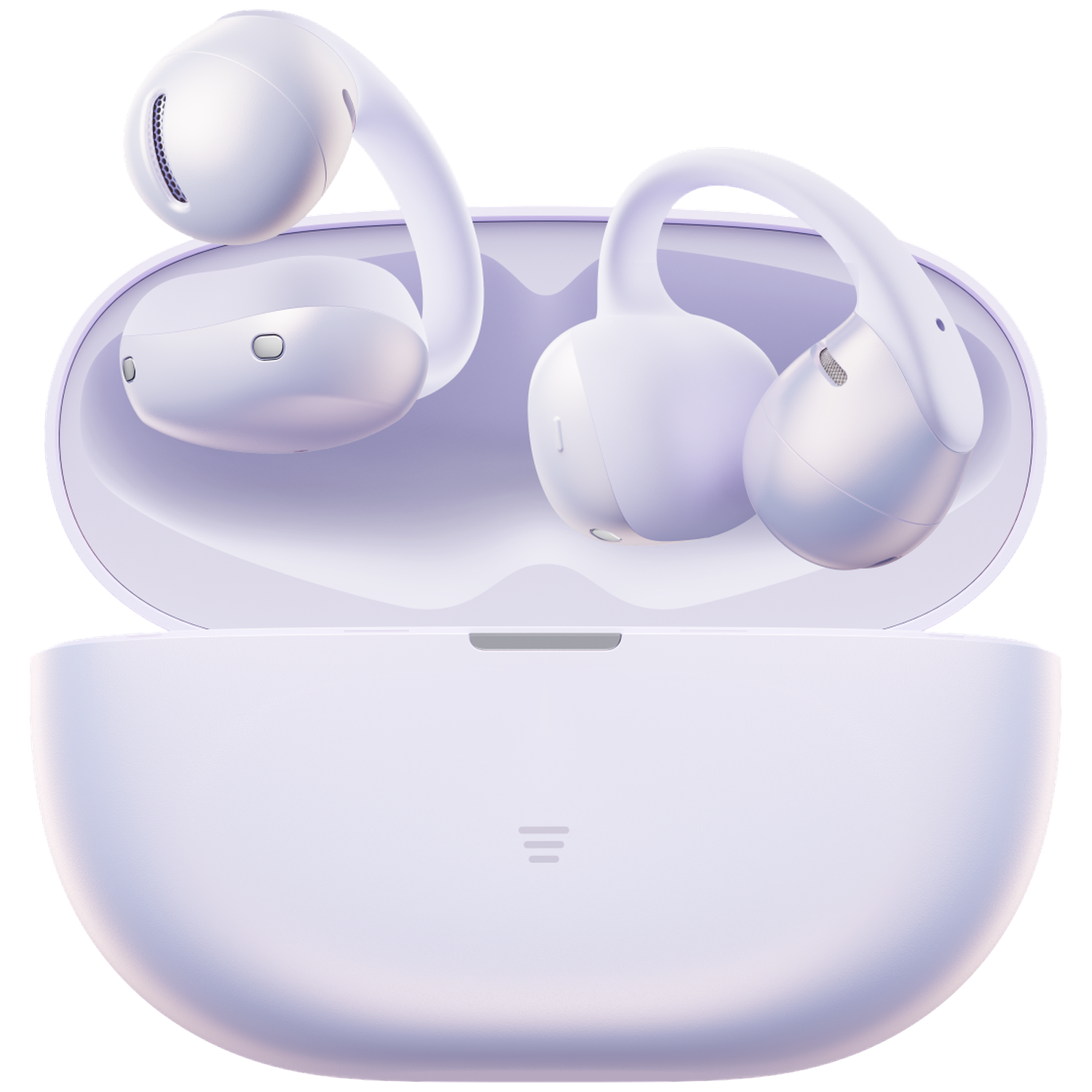 Lavender wireless earbuds with charging case, black.