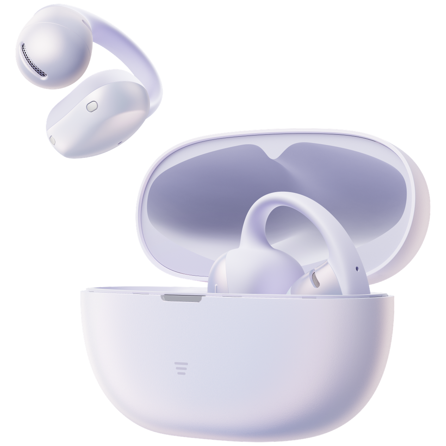 A pair of white wireless earbuds with a charging case on a black background.