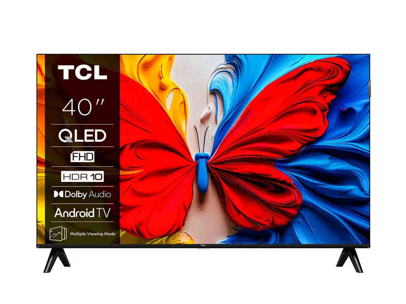 Egy 40 hüvelykes TCL QLED TV piros és kék pillangó képpel.