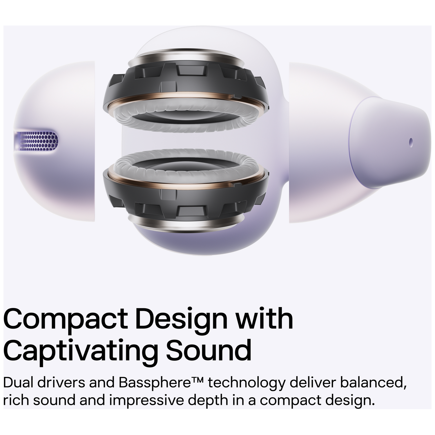 Top view of two earbud drivers with gold rings on a purple background.