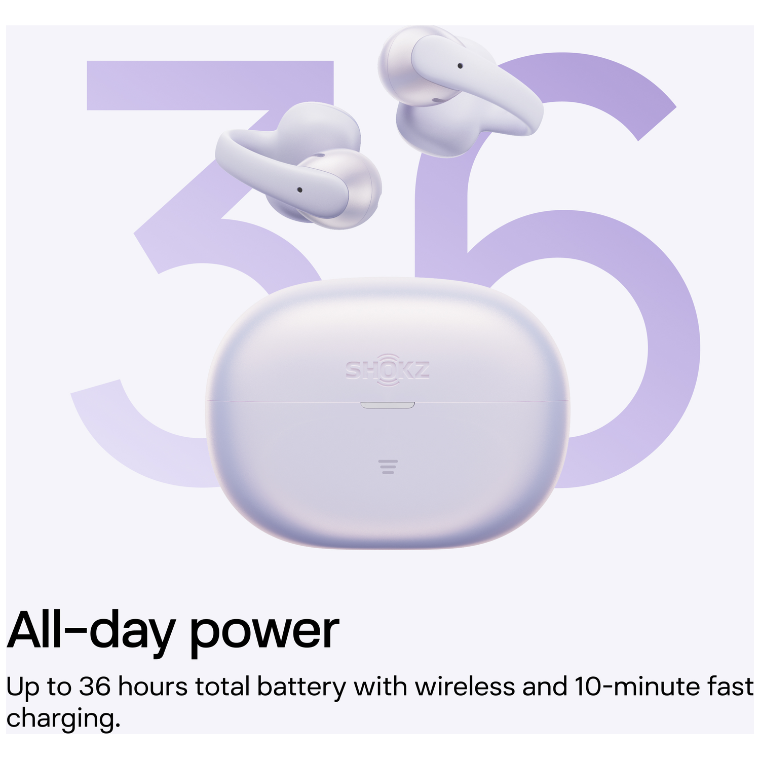 A pair of white wireless earbuds and charging case on a light background with purple numbers.