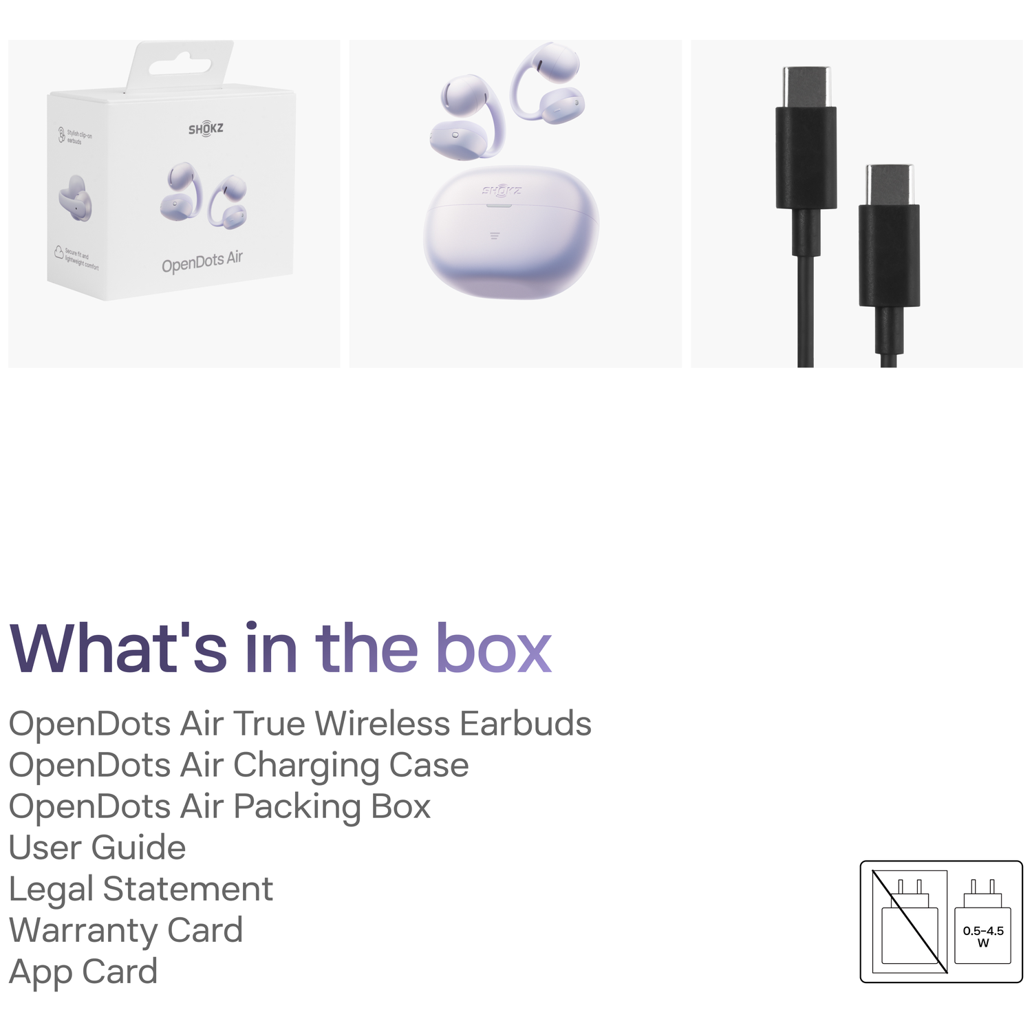 Box with earbuds, charging case, and USB-C cables.