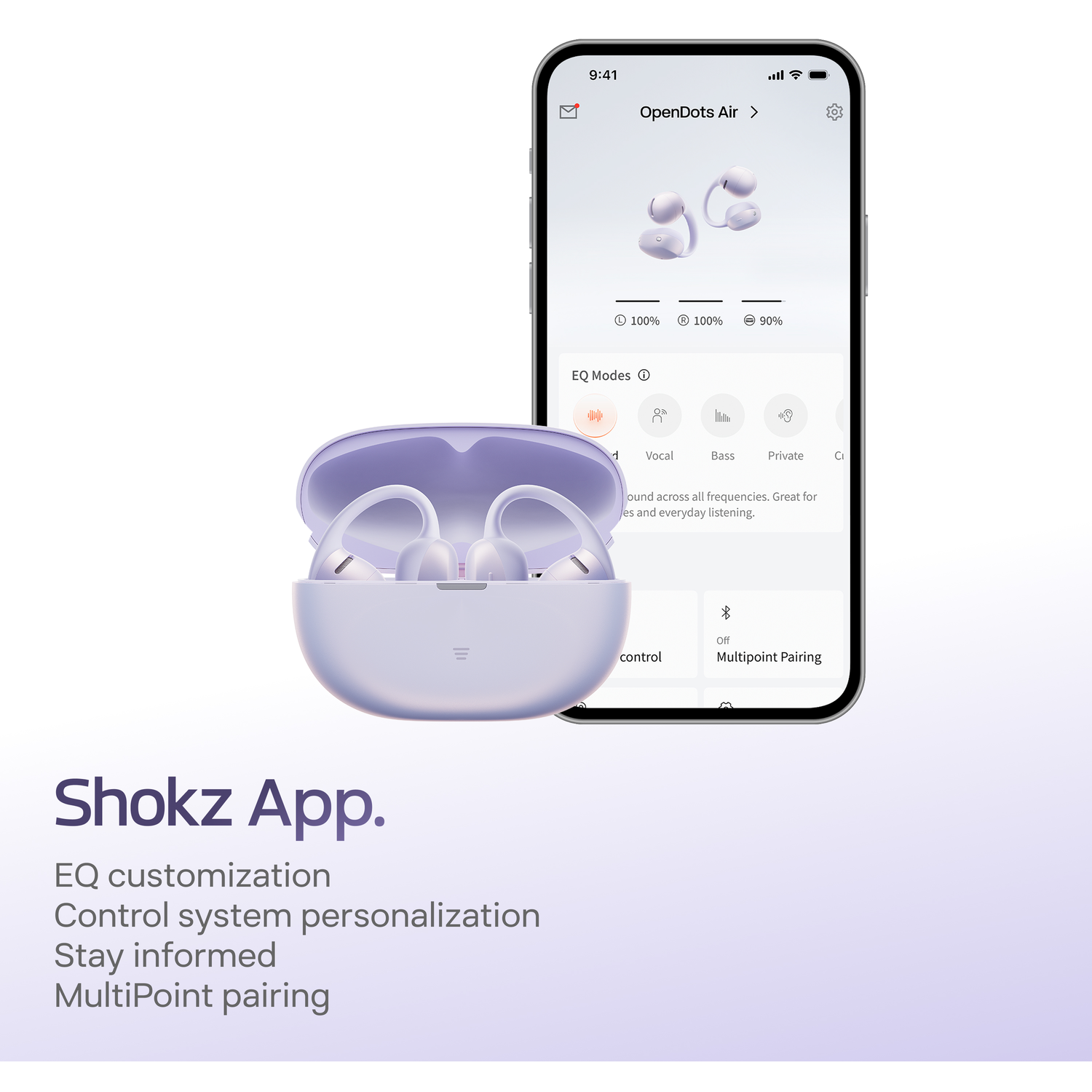 Purple earbuds in an open charging case next to a smartphone displaying the Shokz app.