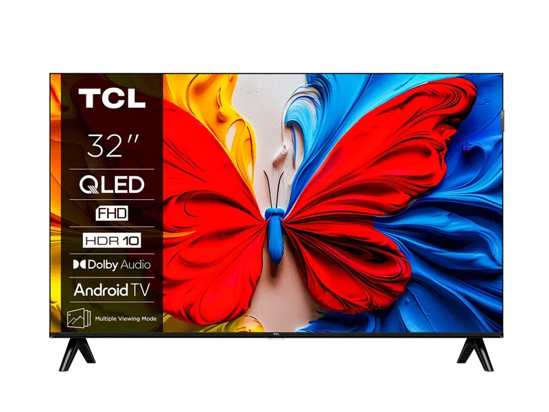 Egy TCL 32 hüvelykes QLED FHD Android TV élénk, piros és kék pillangó képet jelenít meg.