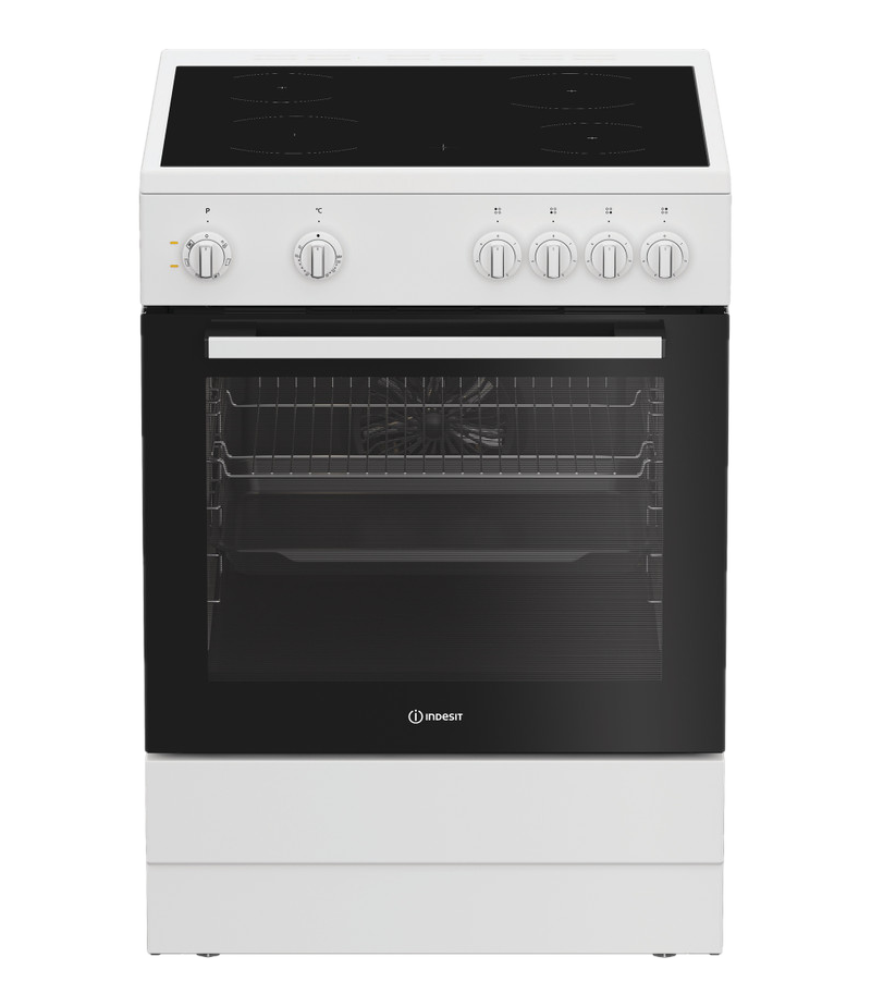 Un four blanc Indesit avec porte en verre noir et plaque vitrocéramique.