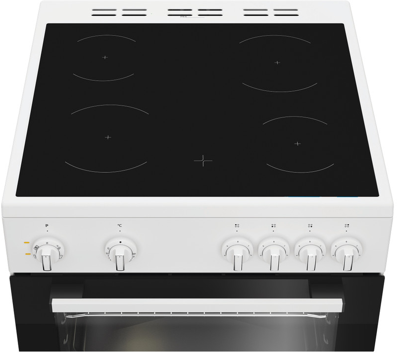 Une cuisinière blanche avec plaque de cuisson noire et quatre zones.