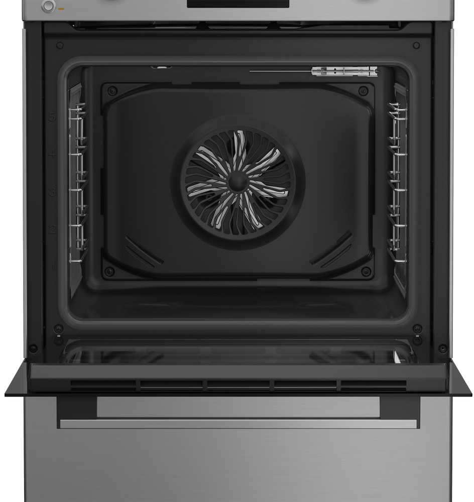 Forno da incasso argentato con porta aperta, che mostra la ventola interna.