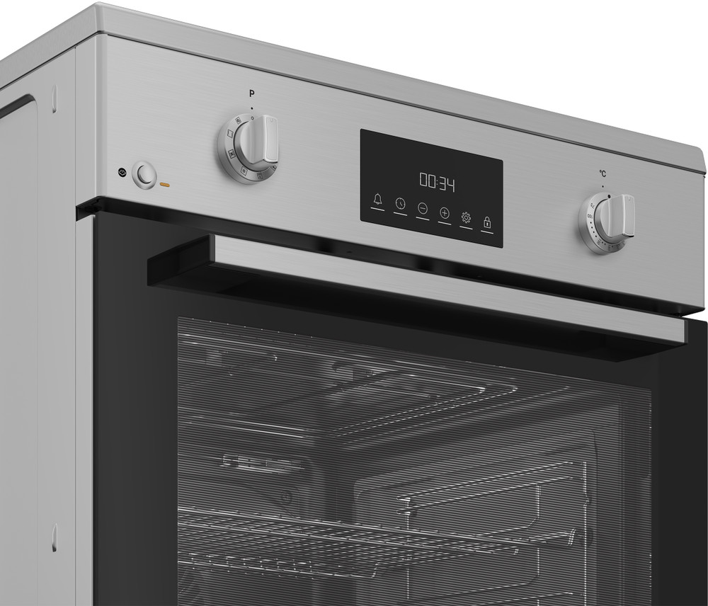 Forno argento moderno con display digitale (00:34), manopole e griglie interne.