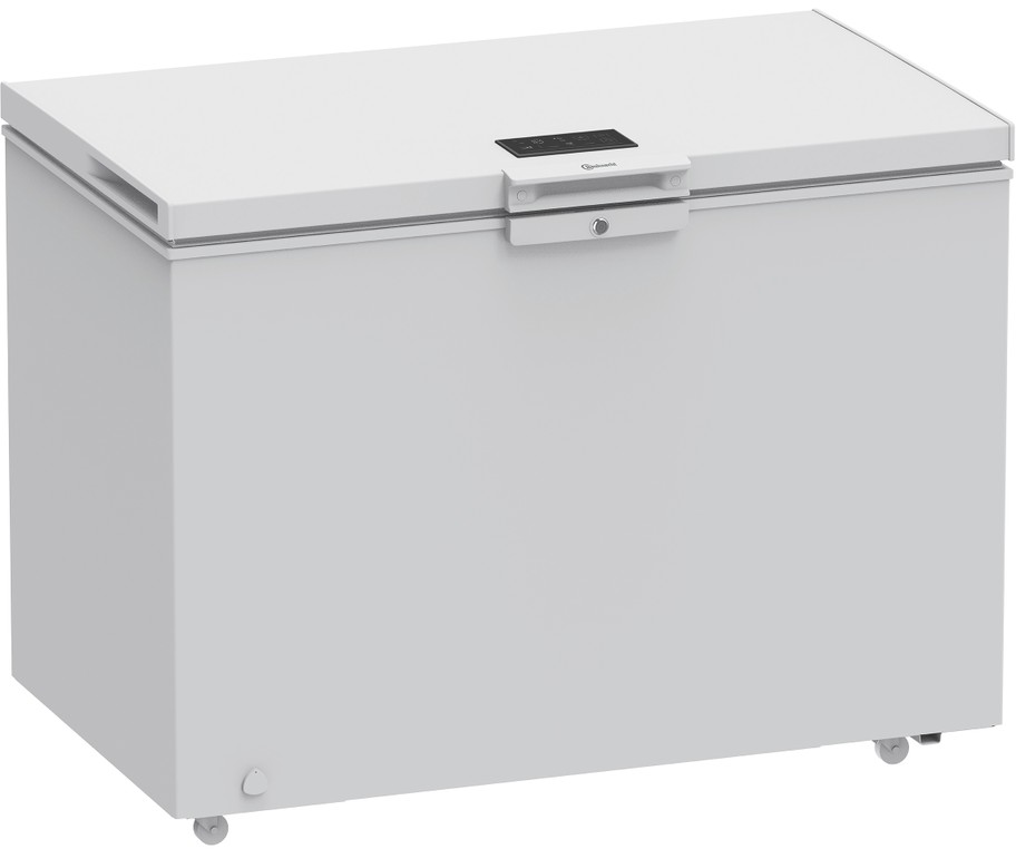 Ein weißer Truhengefrierschrank mit digitalem Display und Griff.