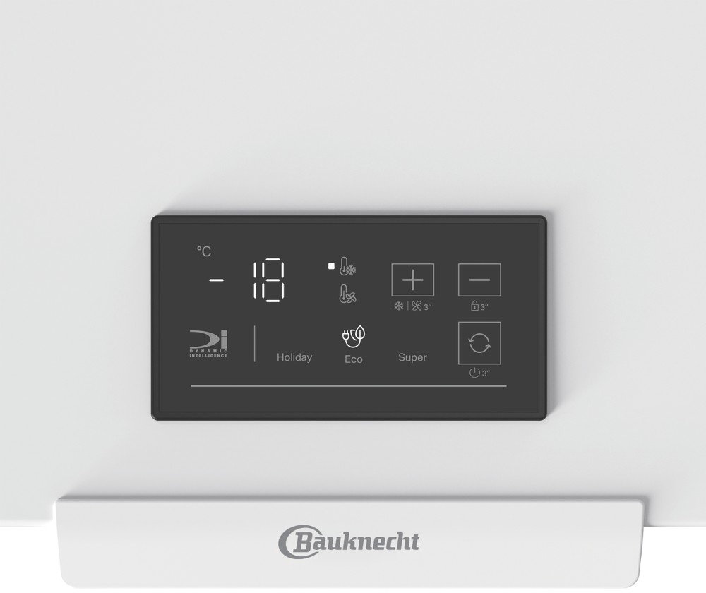 Das Bedienfeld eines Kühlschranks zeigt -18°C, Symbole für Urlaub, Eco, Super und eine Uhr.