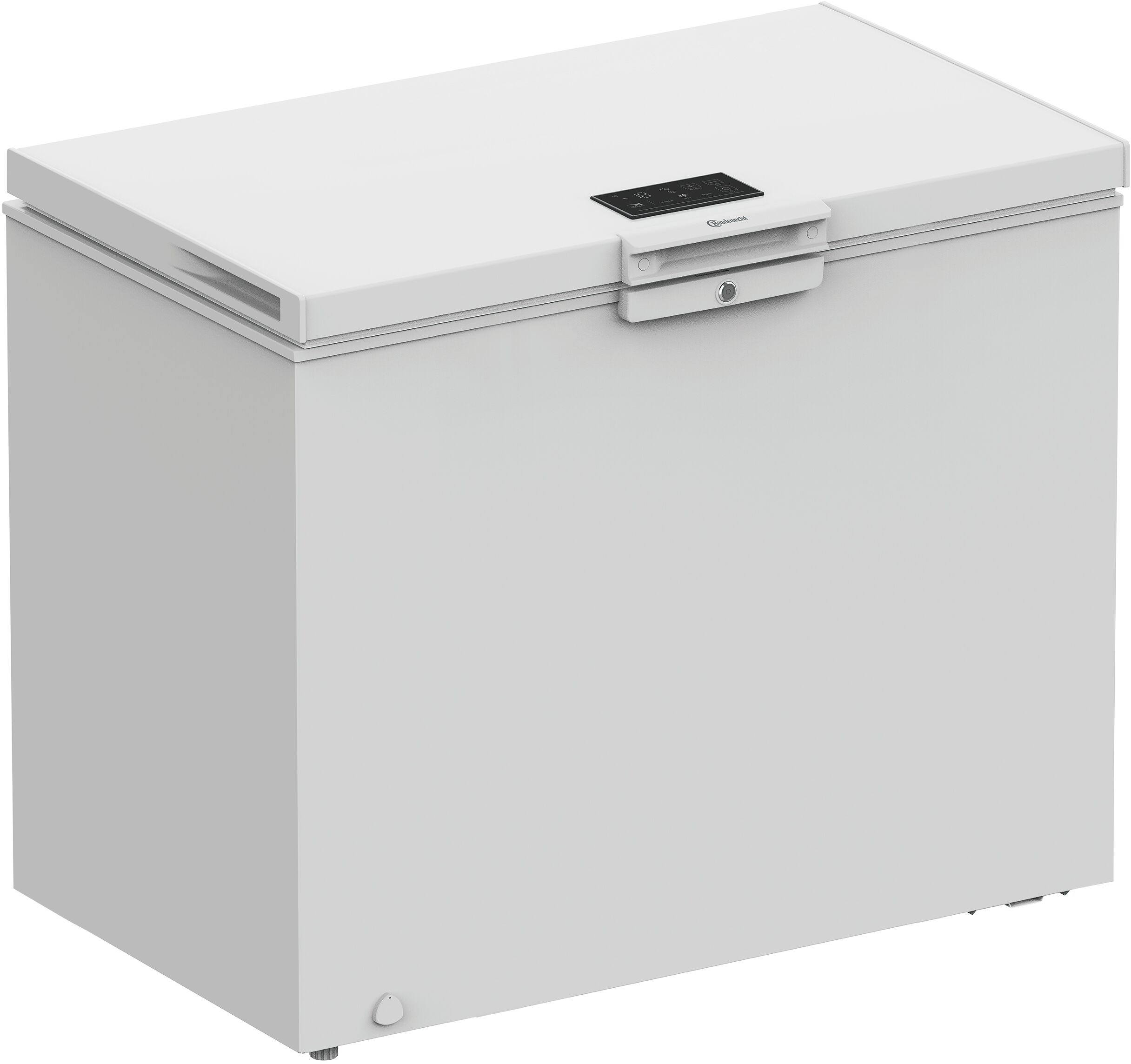 Ein weißer Truhengefrierschrank mit einem digitalen Display und Griff.