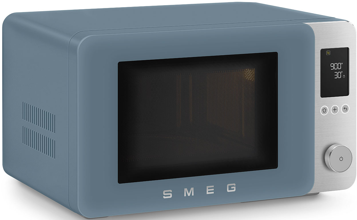 Un forno a microonde SMEG blu con pannello di controllo e display argentati.