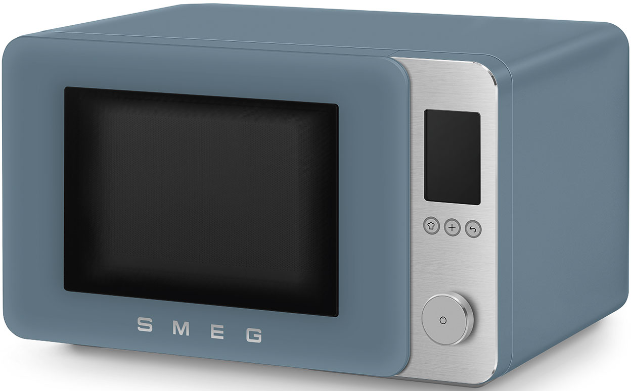 Un microonde SMEG blu con pannello di controllo argentato e display digitale.