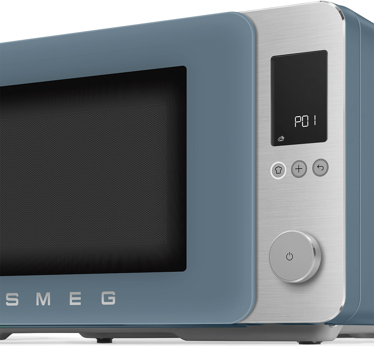 Forno a microonde SMEG blu con display digitale e pulsanti.