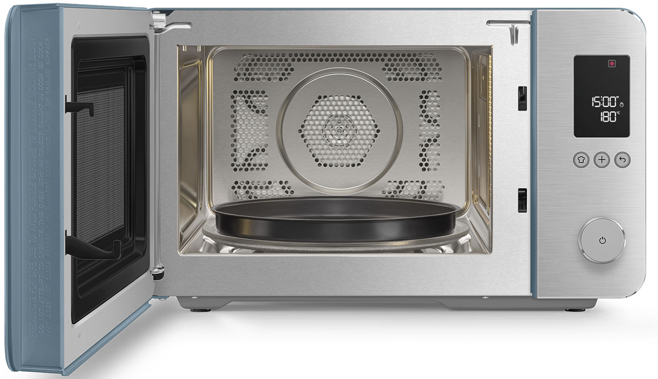 Forno a microonde moderno aperto con cassa blu e interno argentato.