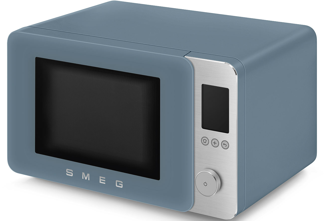 Un forno a microonde Smeg blu con pannello di controllo argentato e display.