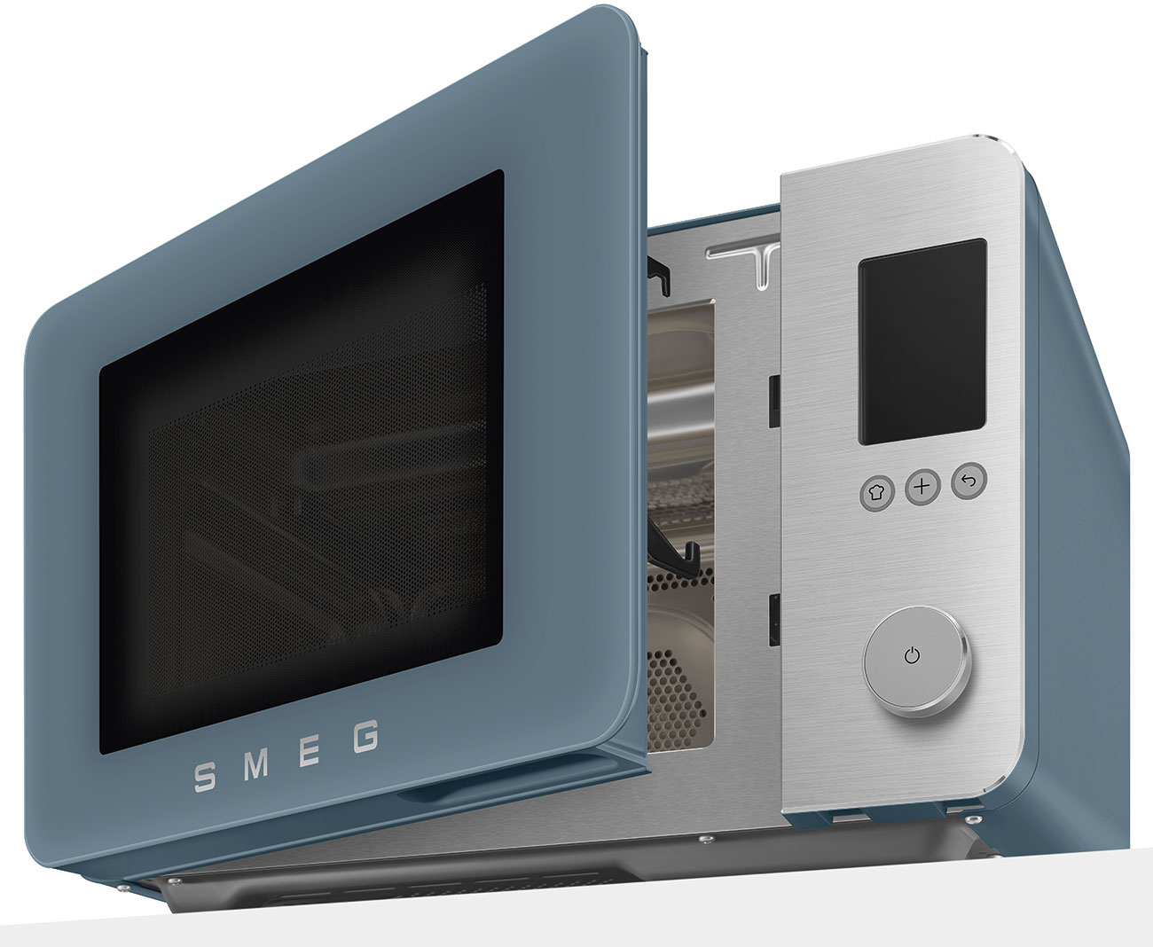 Un microonde SMEG blu con lo sportello aperto, che mostra il pannello di controllo argentato.