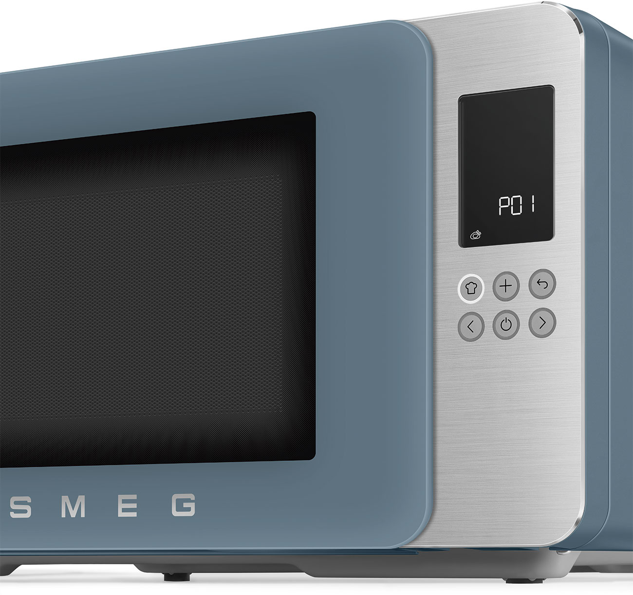 Micro-ondes SMEG bleu avec écran numérique et boutons de commande.