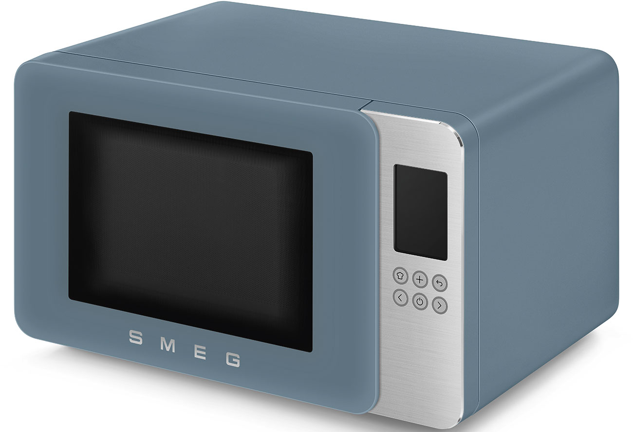 Un micro-ondes SMEG bleu avec un panneau de contrôle et des boutons argentés.
