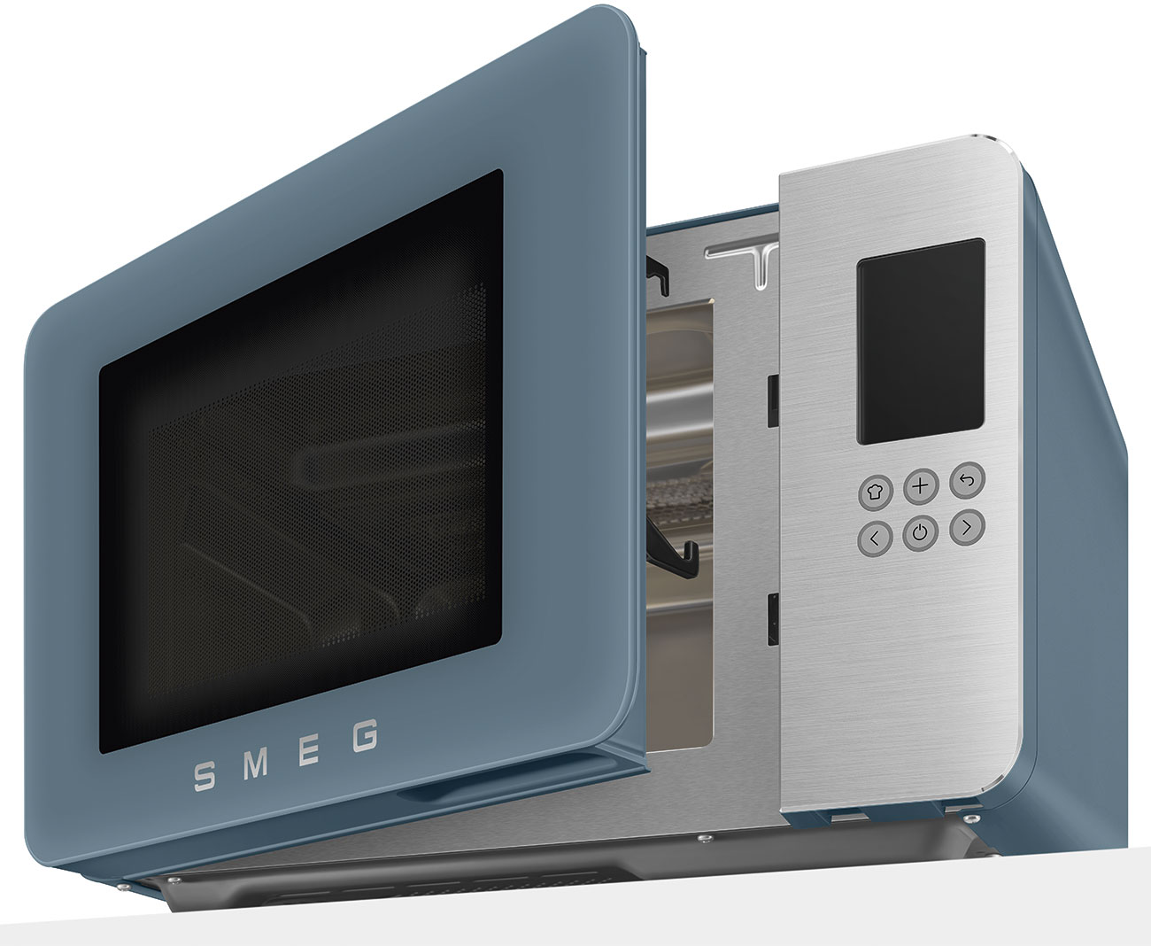 Un micro-ondes SMEG bleu avec sa porte ouverte, révélant l'intérieur et le panneau de commande.