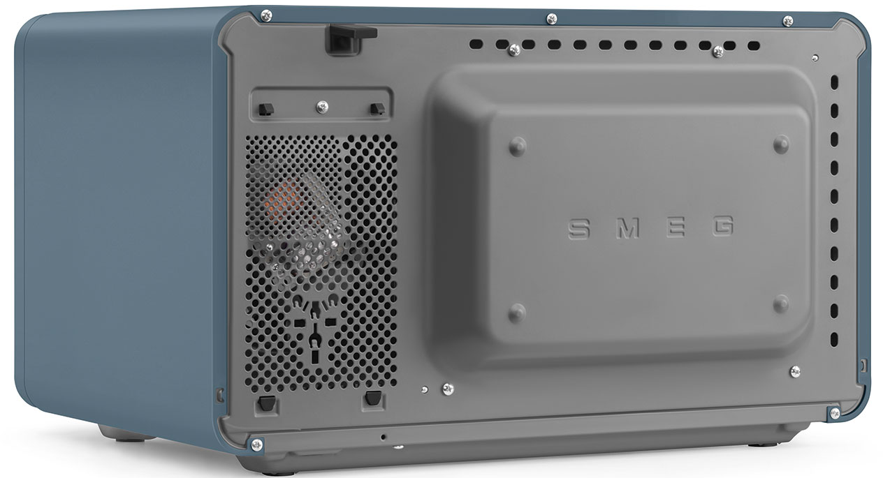 Vue arrière d'un four micro-ondes Smeg bleu avec aérations et vis.