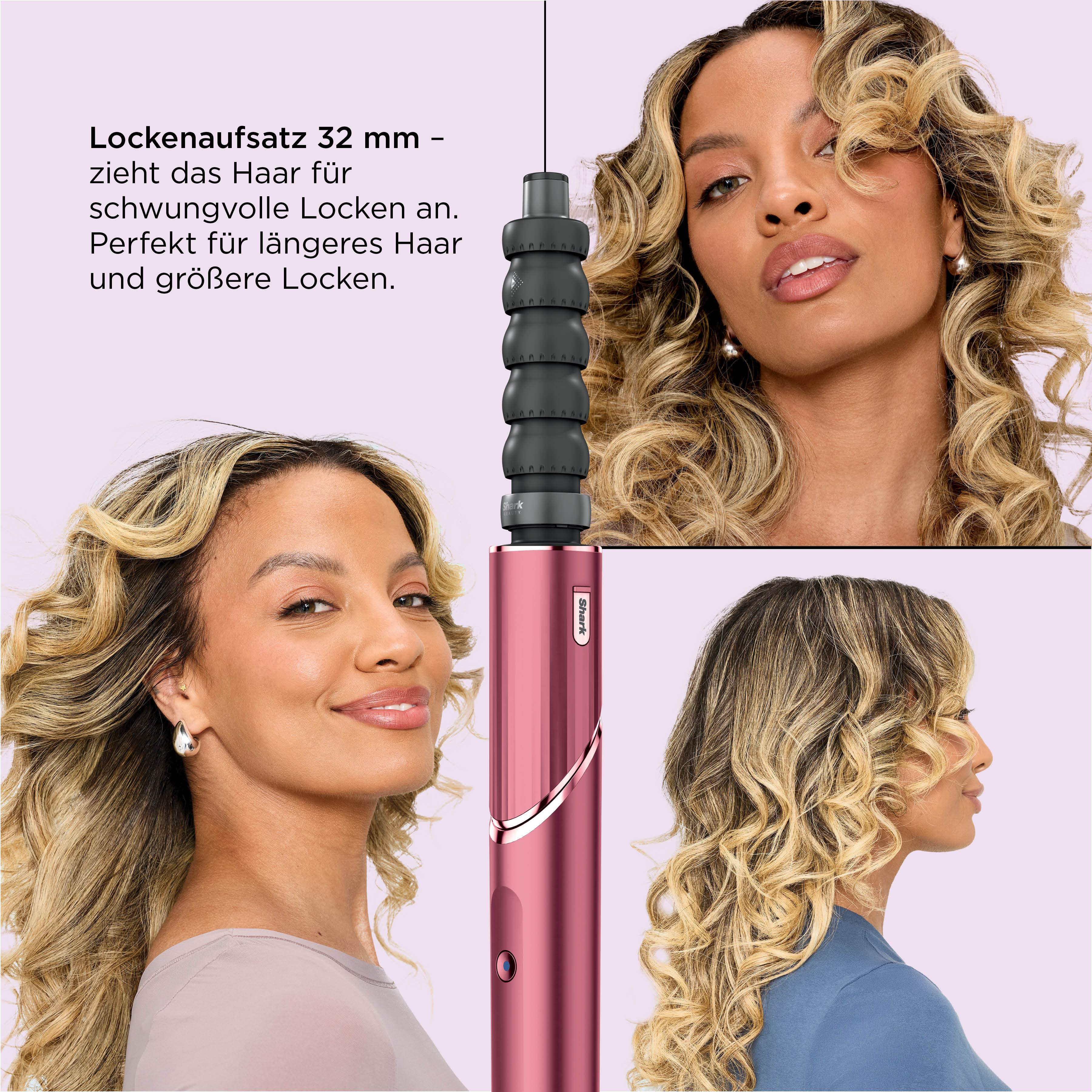 Ein rosafarbenes Haartool mit Aufsatz und drei Frauen mit voluminösen Locken.