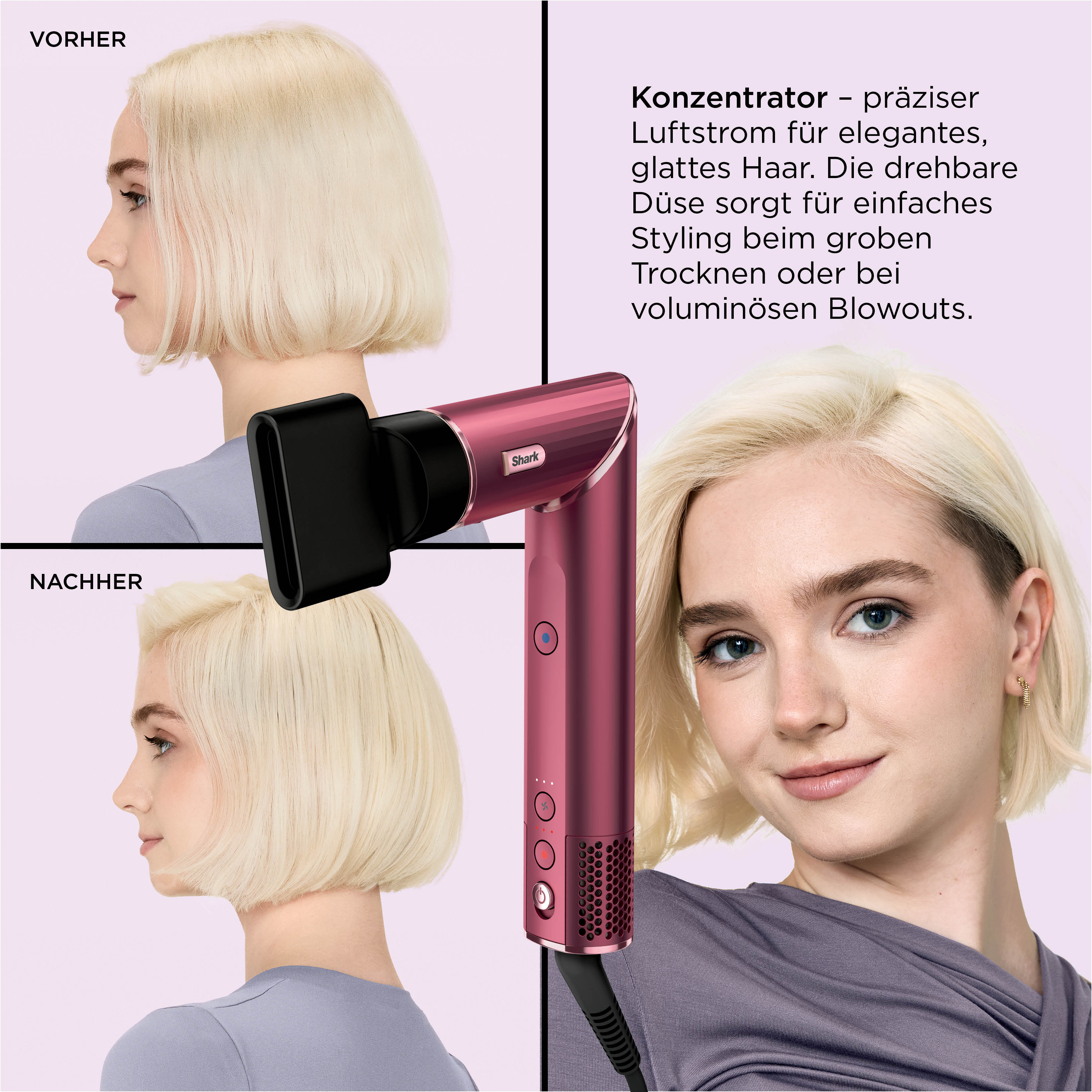 Vorher/Nachher-Vergleich: Blonde Frau mit Haartrockner und Styling-Aufsatz.