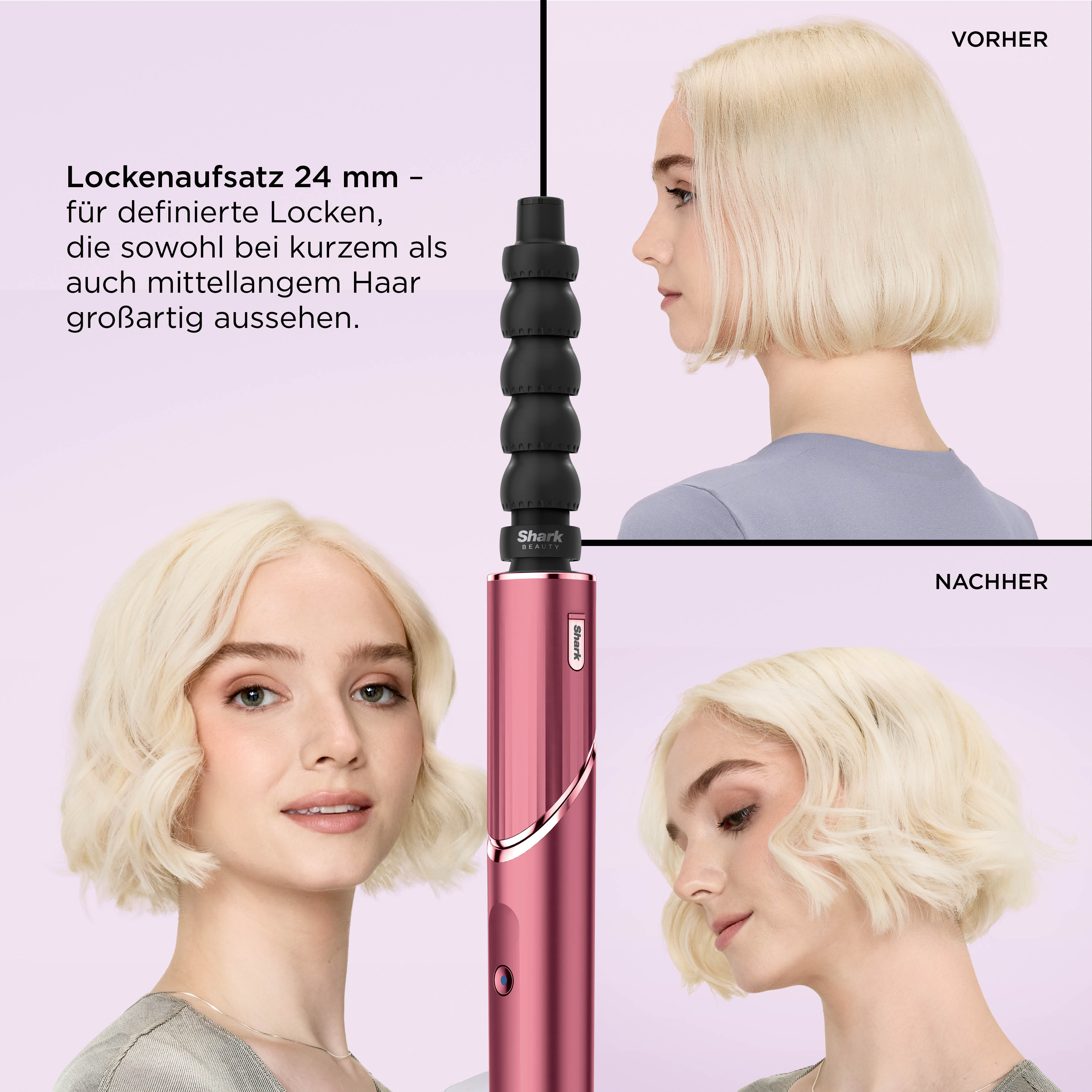 Vorher/Nachher-Vergleich einer Frau mit kurzem, blondem Haar, die einen Lockenaufsatz nutzt.