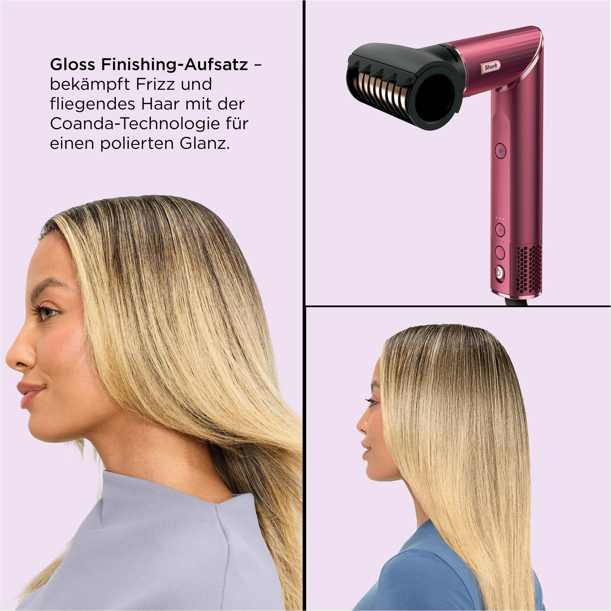 Glanzaufsatz für Haare, mit Haartrockner und Modell.