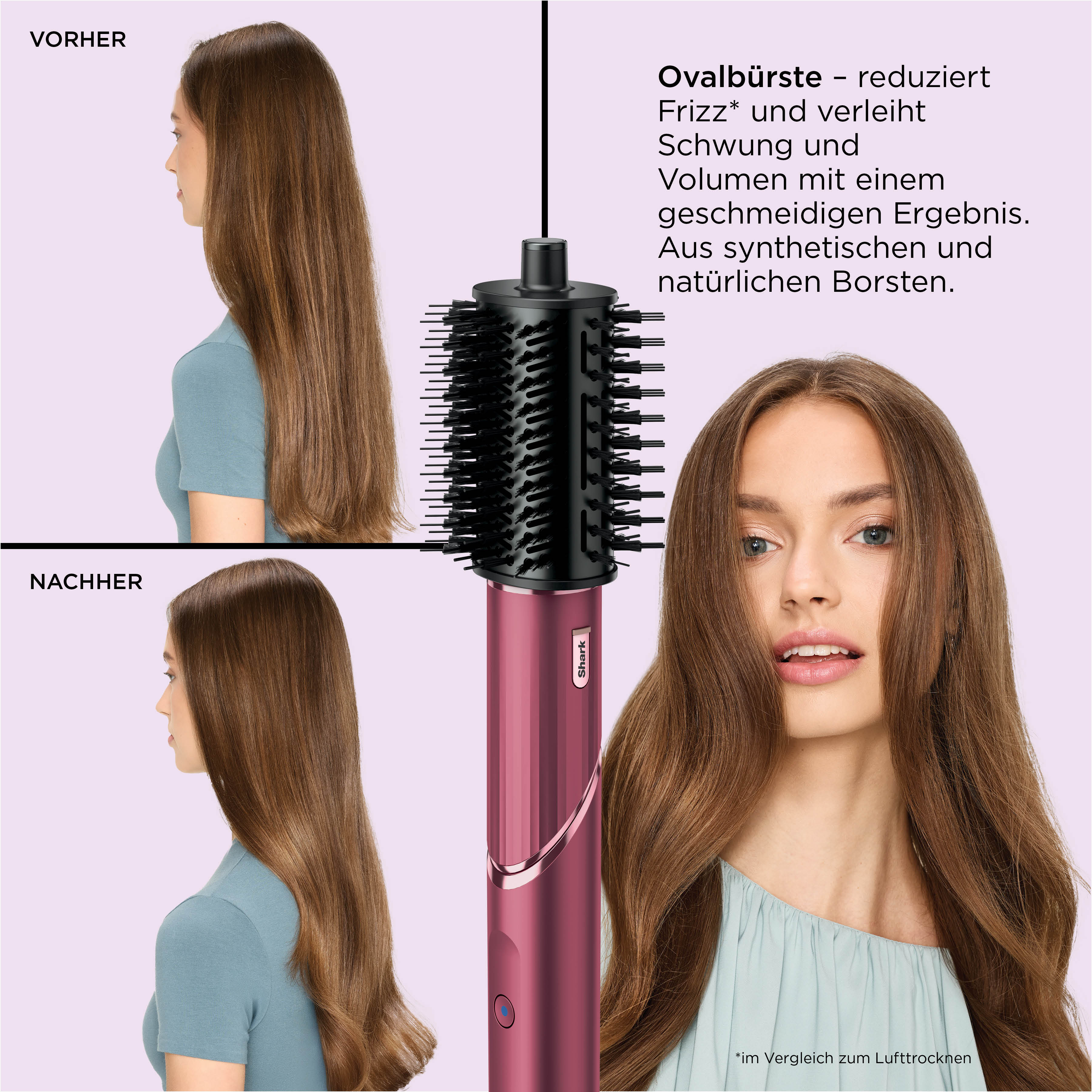 Vorher/Nachher-Vergleich: Haarstyling-Tool mit rosa Griff und schwarzem Bürstenkopf.