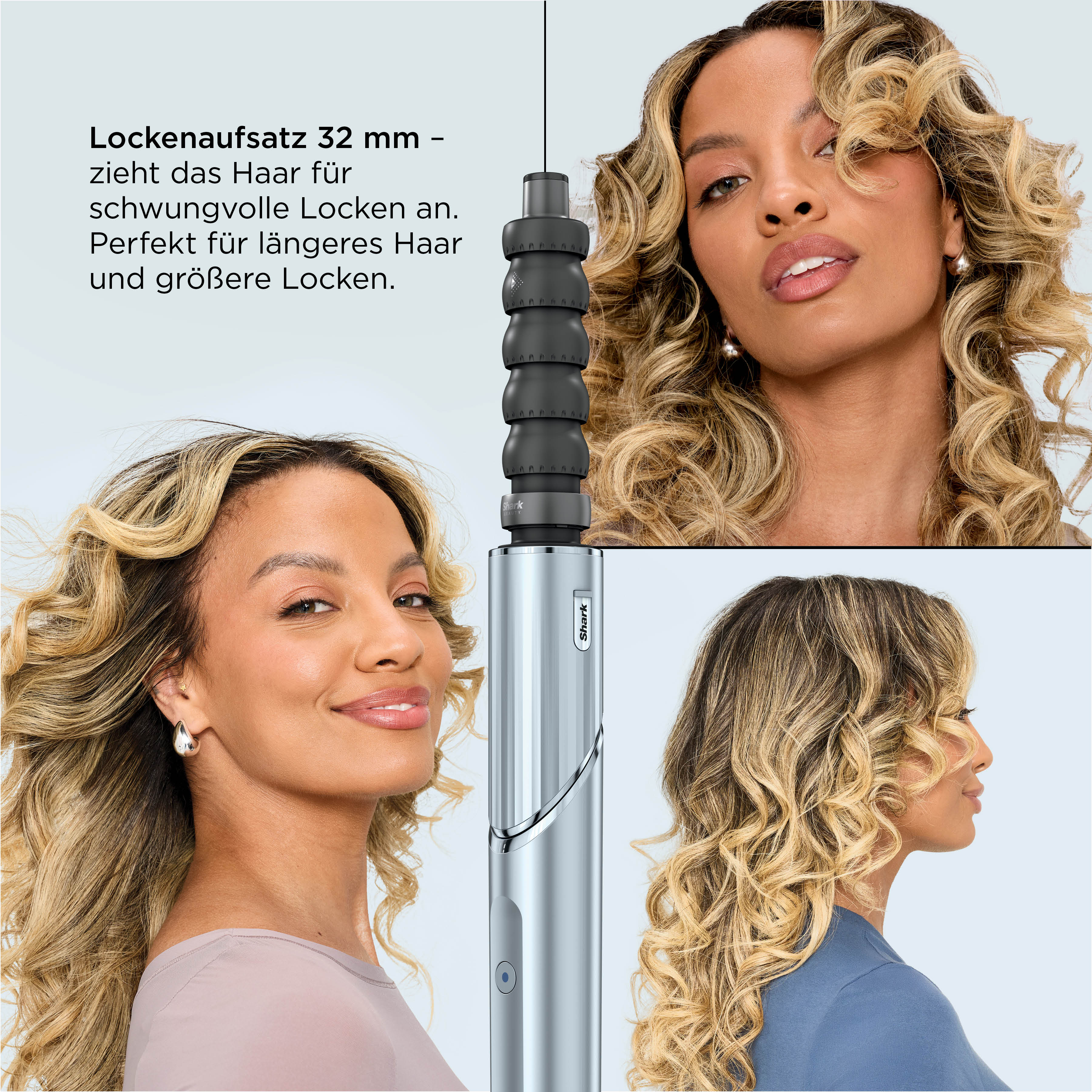 Drei Frauen mit welligen blonden Haaren neben einem silbernen Lockenstab.