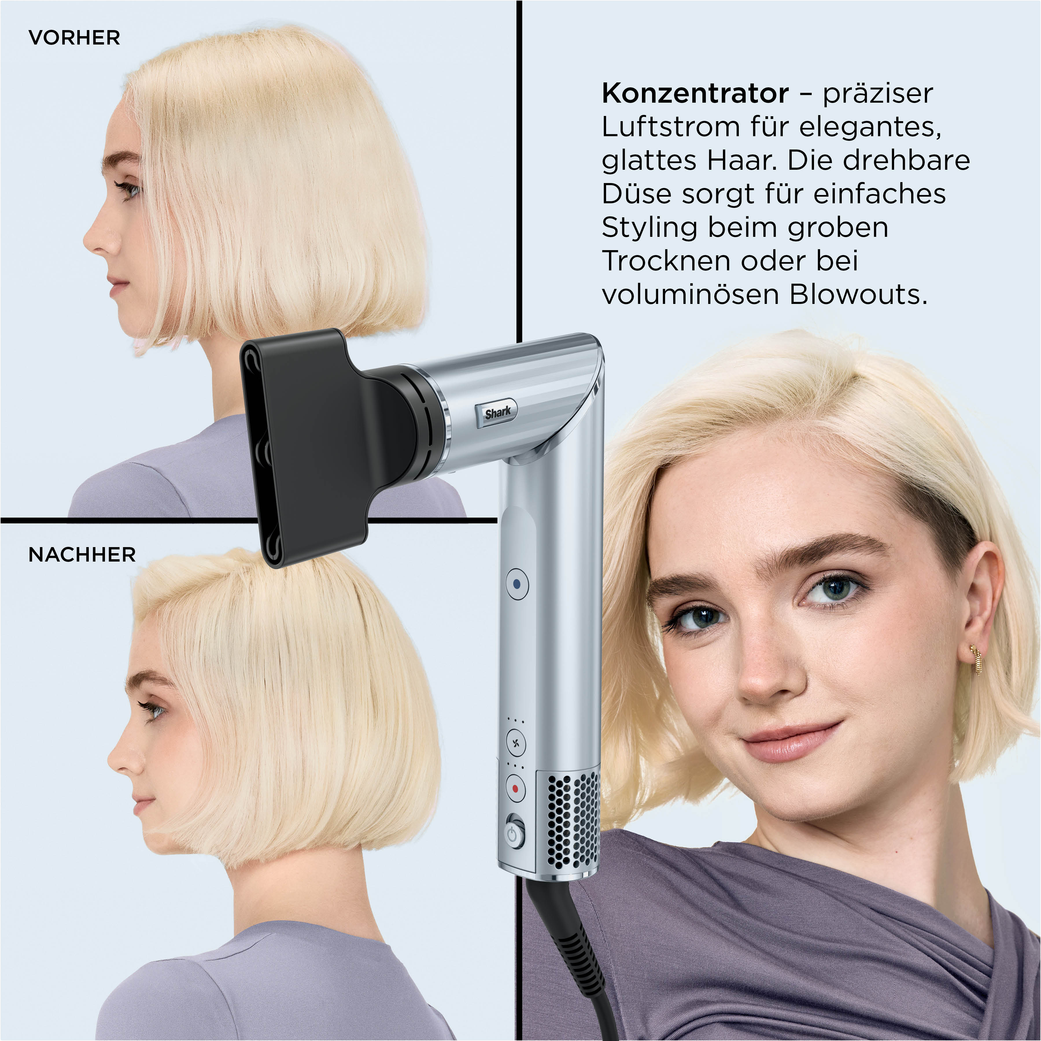 Vorher/Nachher-Vergleich einer Frau mit blondem Haar, die einen Shark-Haartrockner benutzt.