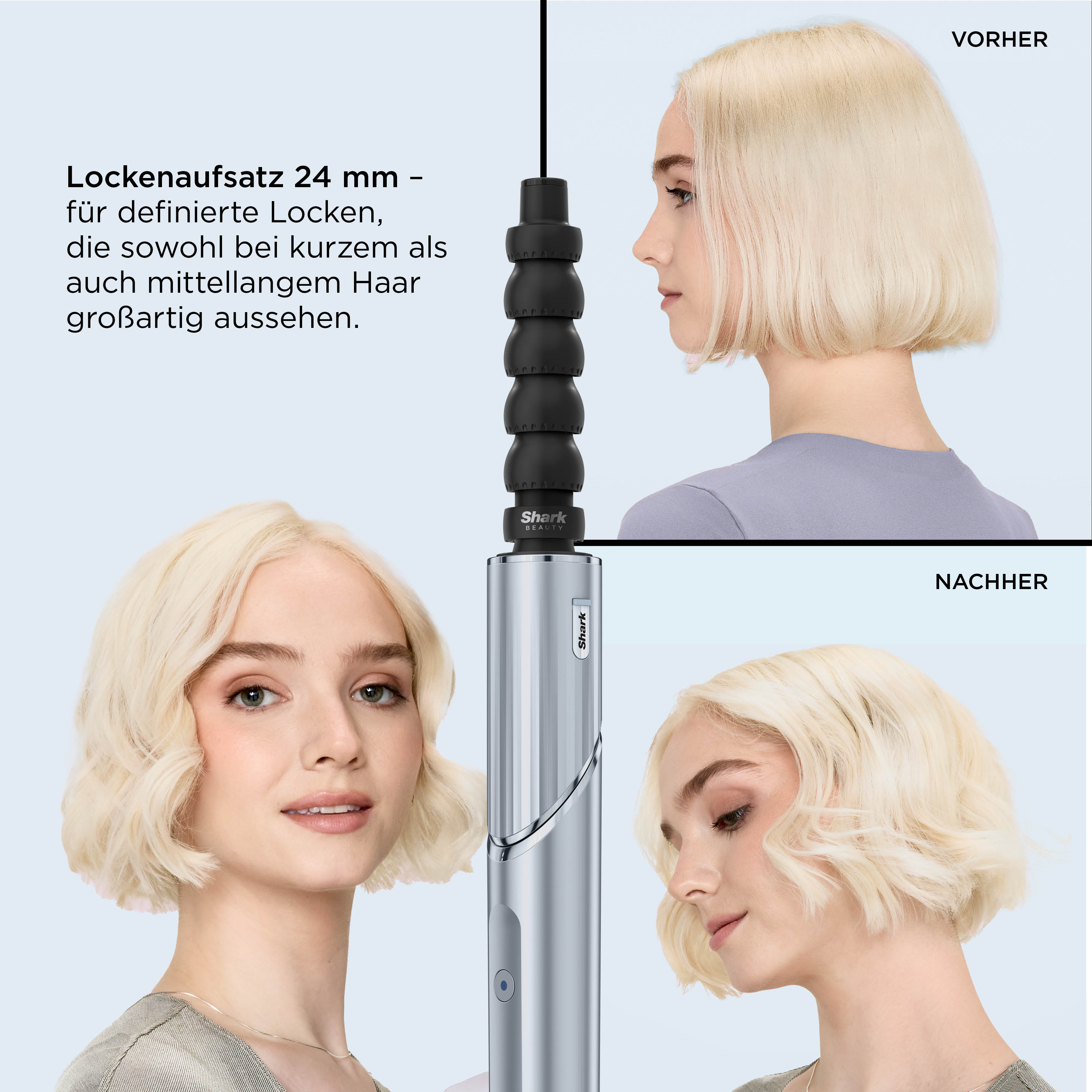 Vorher/Nachher Vergleich: Frau mit kurzem blondem Haar und dem Shark Lockenaufsatz.