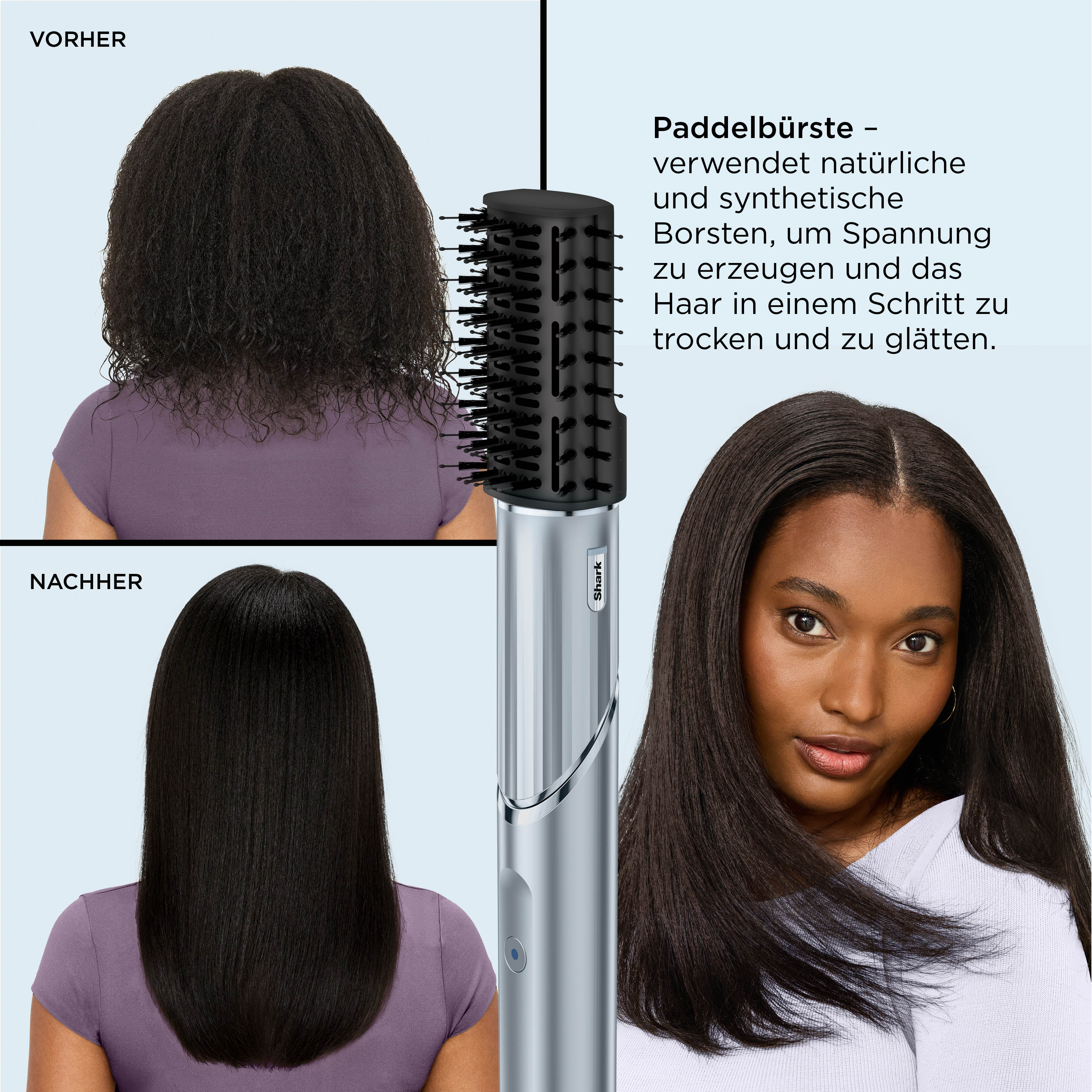 Vorher/Nachher-Vergleich von Haaren, die mit einer Paddelbürste geglättet wurden.