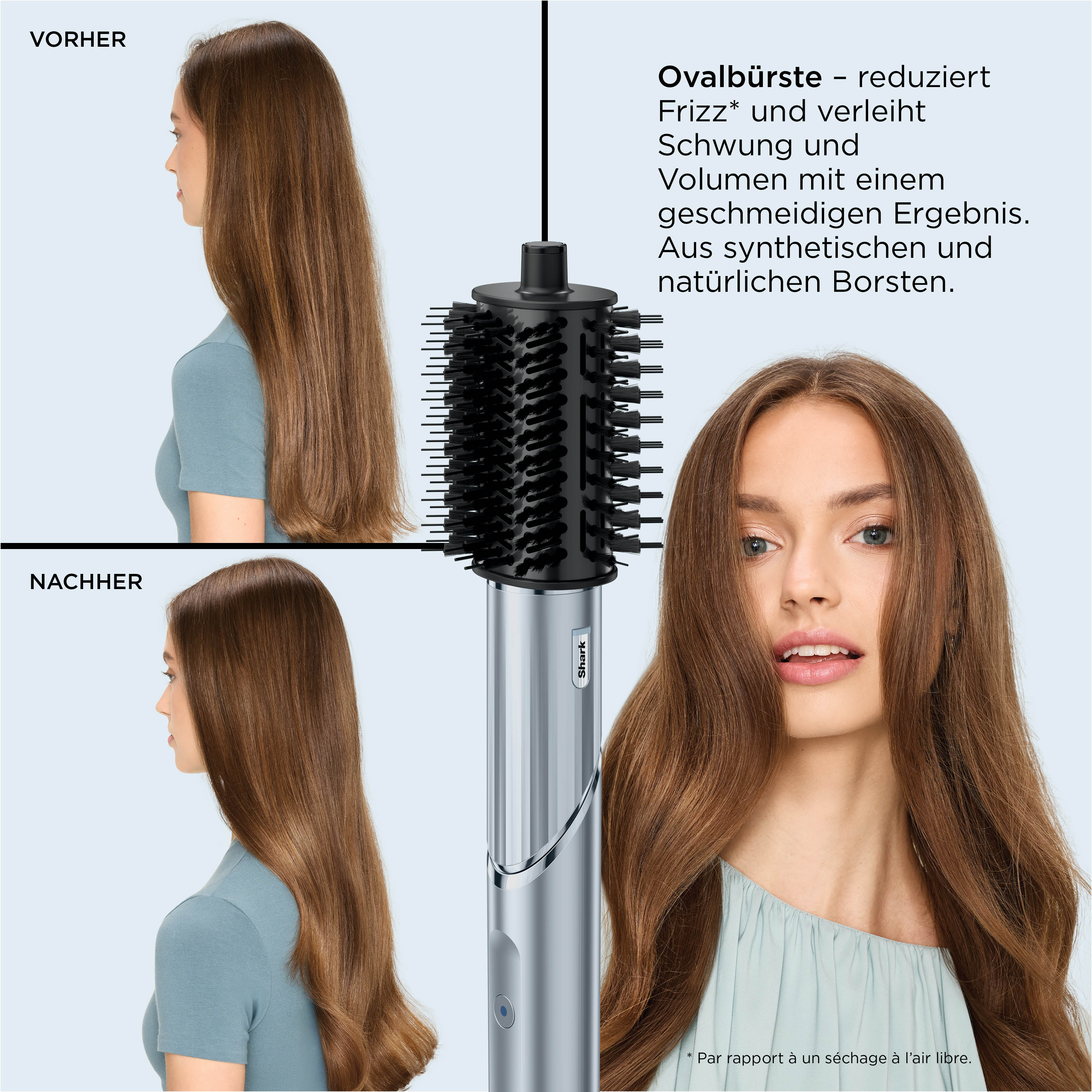 Vorher/Nachher-Vergleich: Frau mit glattem Haar und rotierendem Lockenstab.