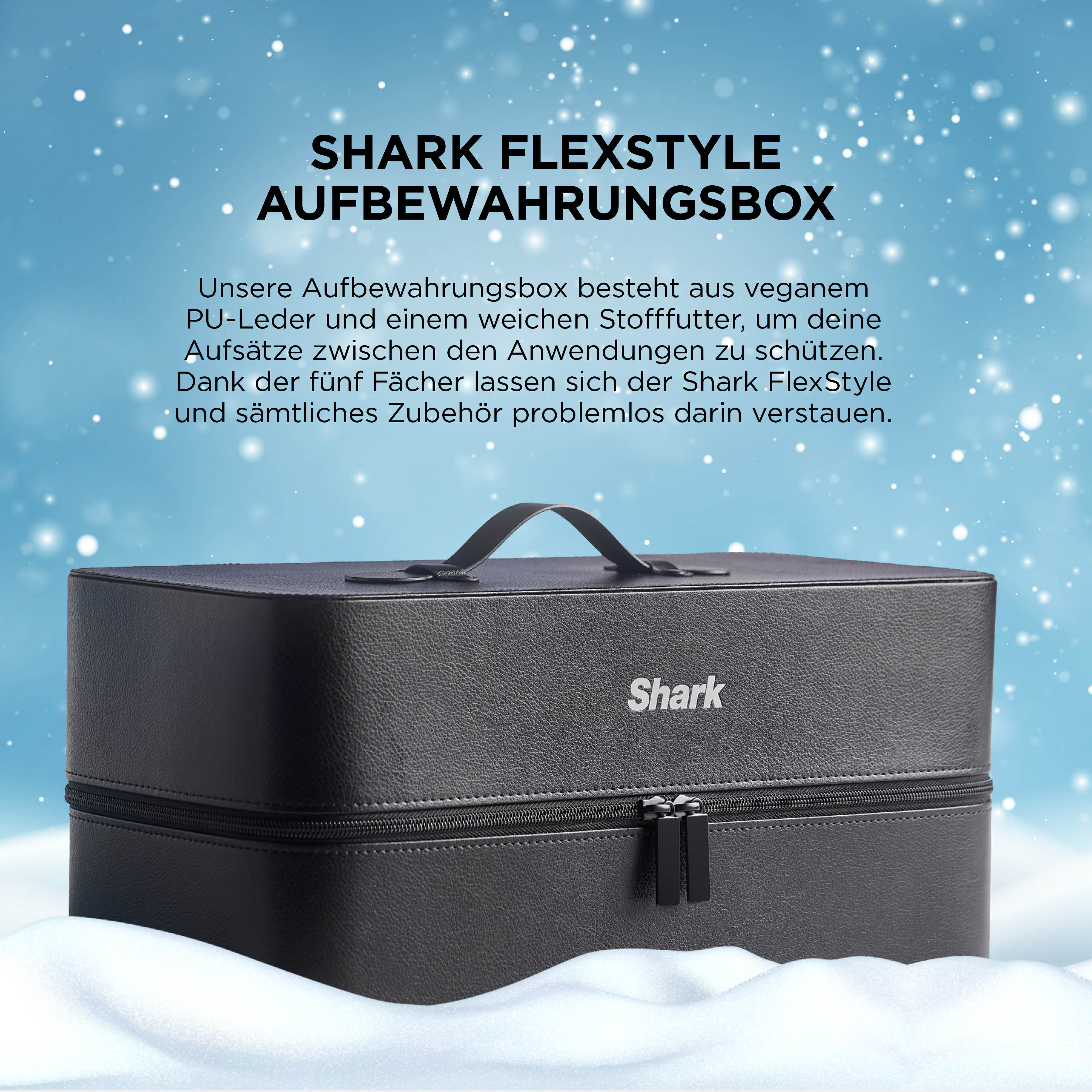 Schwarze Shark Flexstyle Aufbewahrungsbox mit Griff und Reißverschluss auf Schnee.