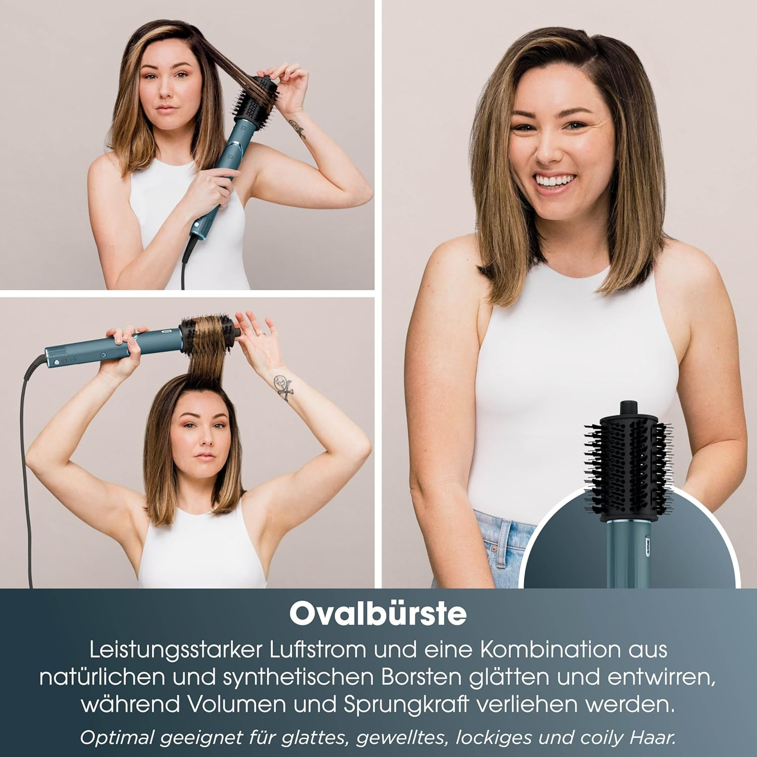 Frau stylt ihr Haar mit einer Ovalbürste, lächelt dann in die Kamera.