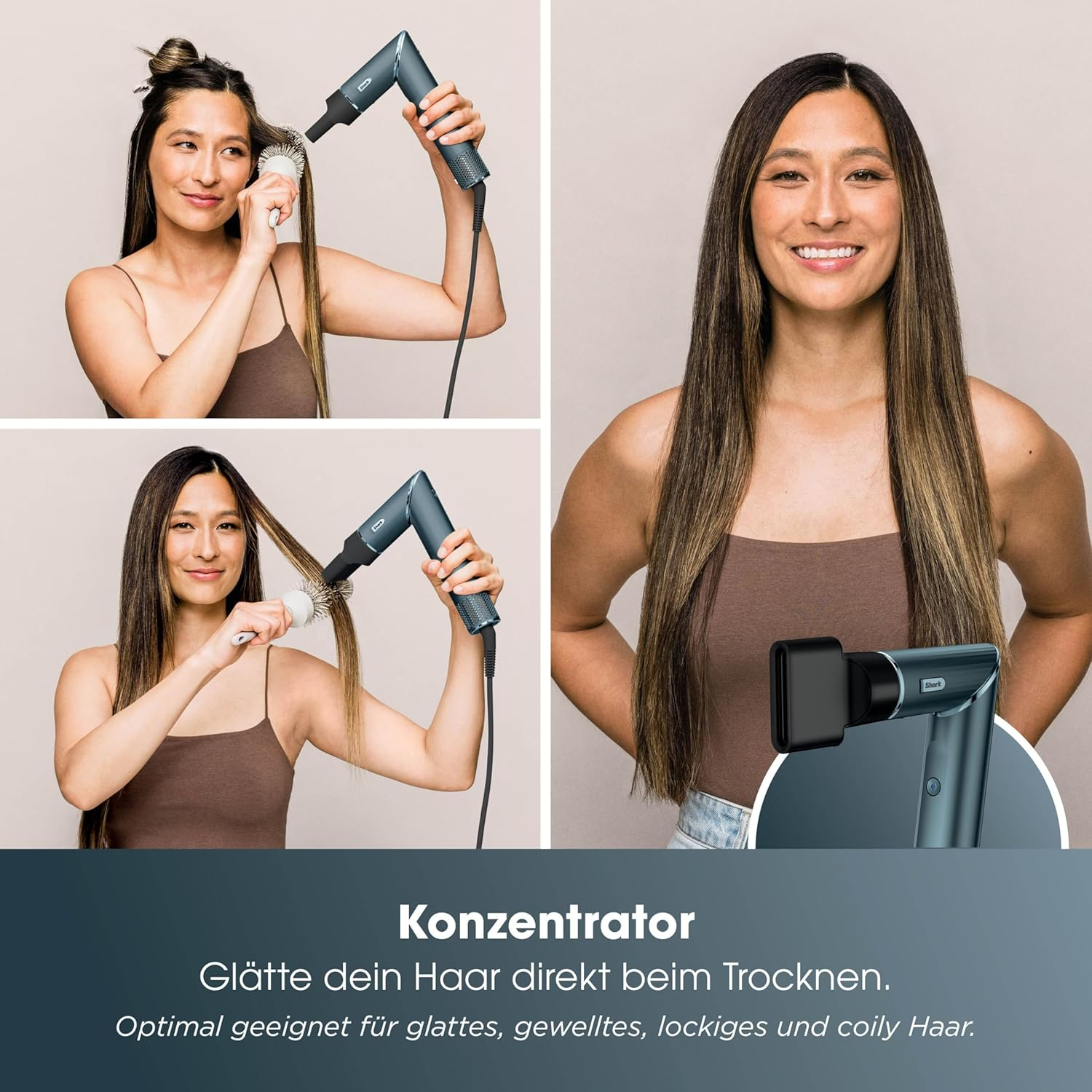 Frau stylt langes Haar mit einem Föhn und Rundbürste. Detailansicht des Föhns.