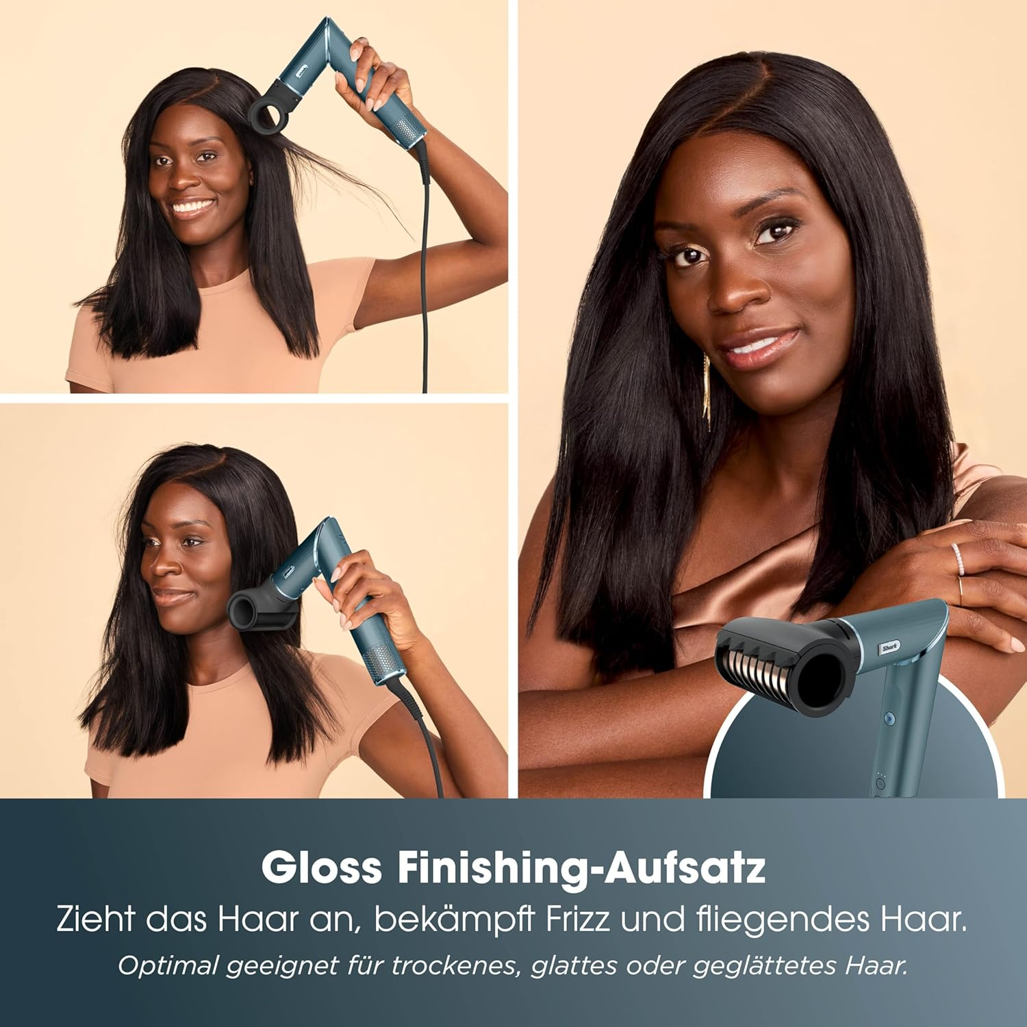 Frau stylt ihr Haar mit einem blauen Haaraufsatz, der Frizz bekämpft.