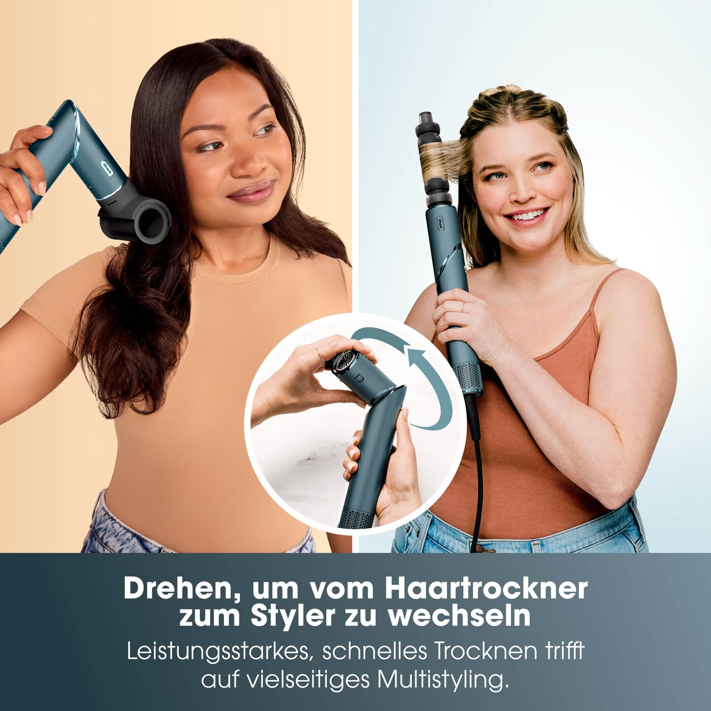 Zwei Frauen mit einem Haarstyler. Eine benutzt ihn zum Trocknen, die andere zum Stylen.