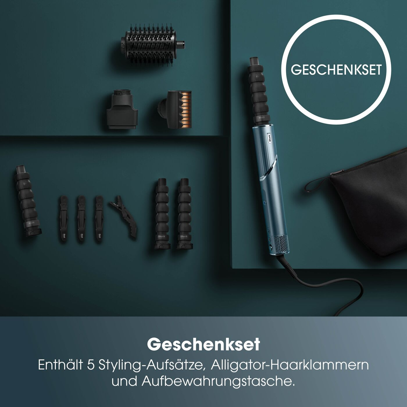 Ein blaues Haarstyling-Gerät mit mehreren Aufsätzen und einer Tasche.