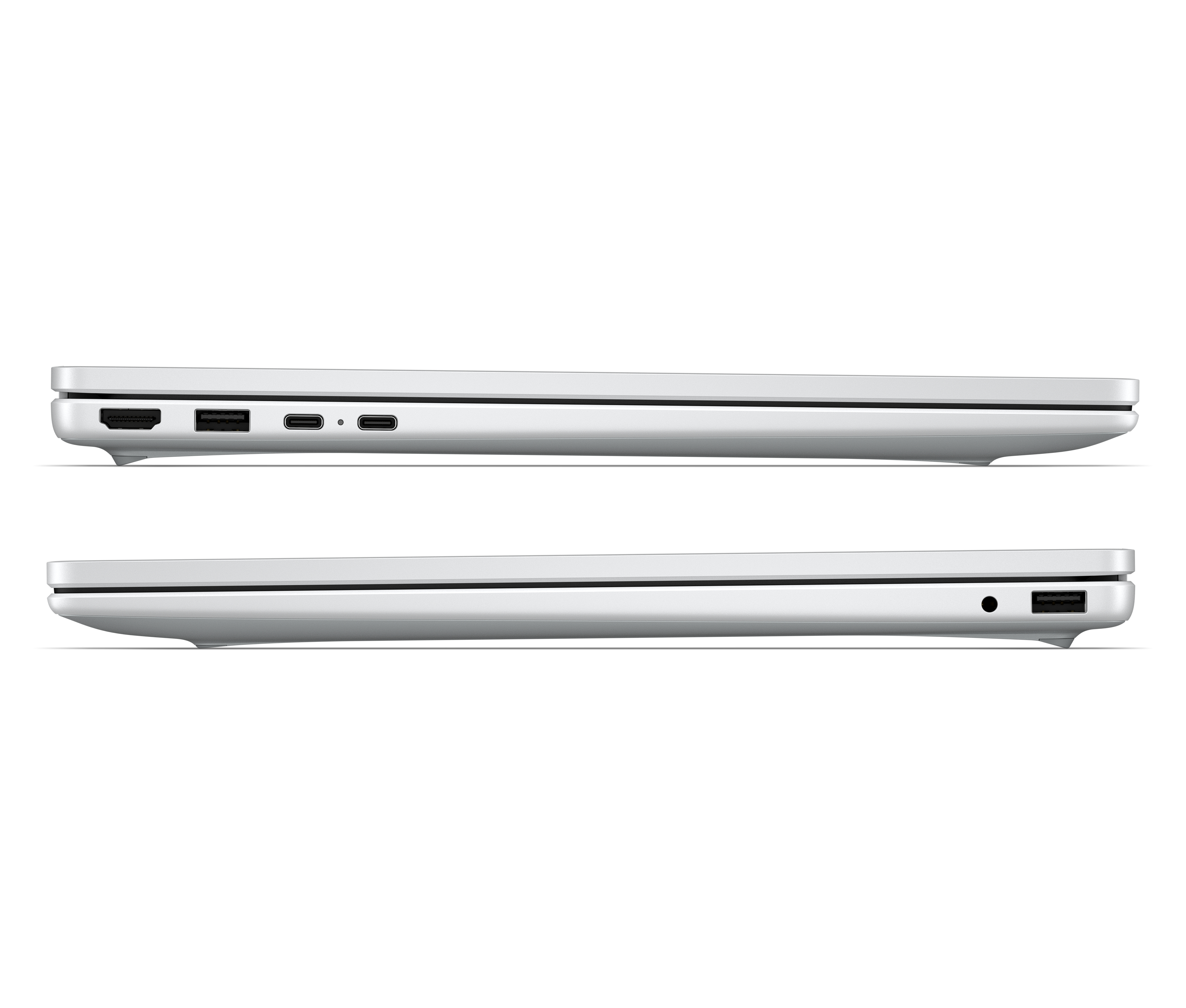 Zwei Ansichten eines silbernen Laptops mit Anschlüssen: HDMI, USB-A, USB-C, Kopfhörerbuchse.